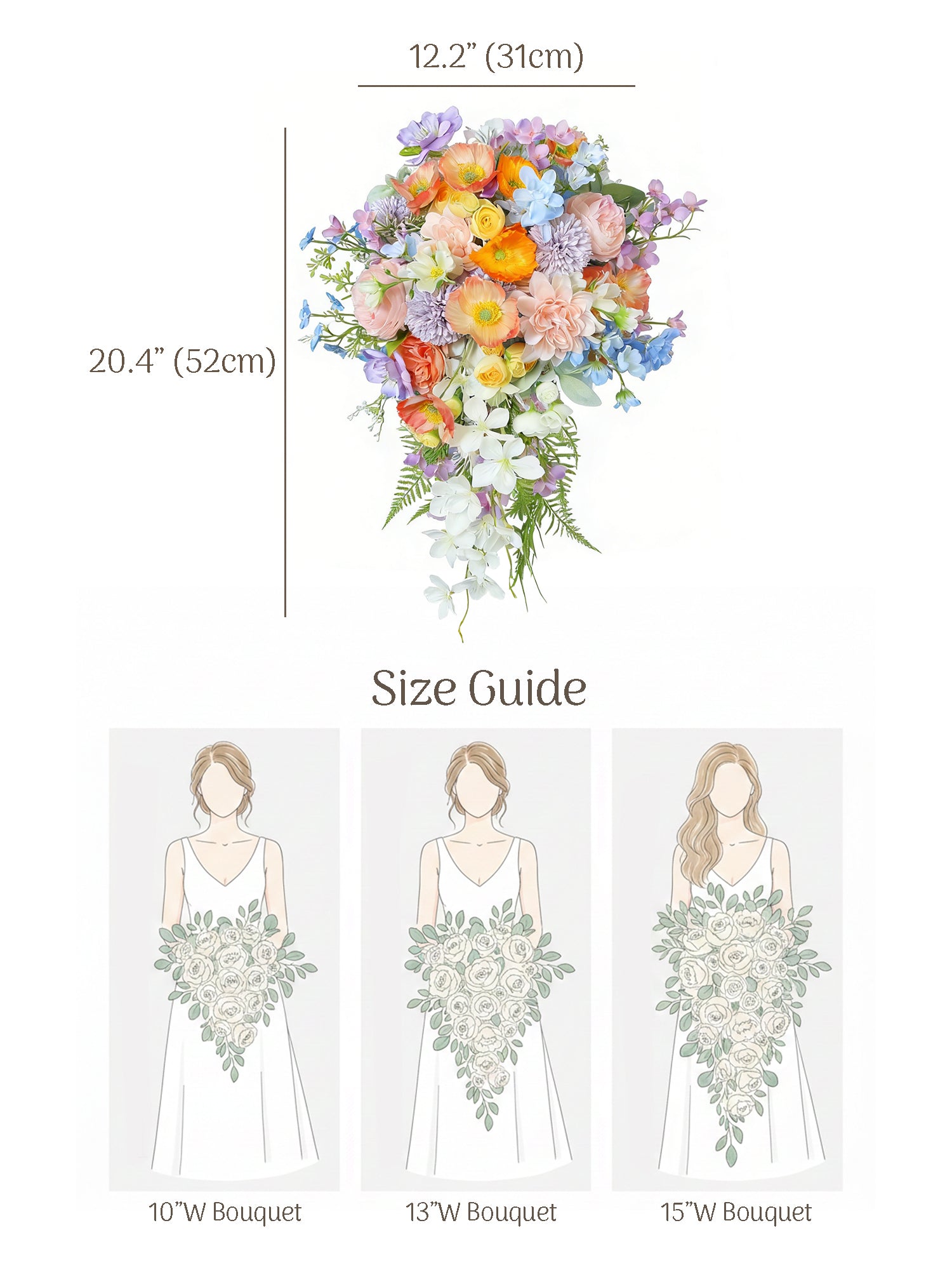 12.2 inch wide Spring Pastels Cascading Bridal Bouquet