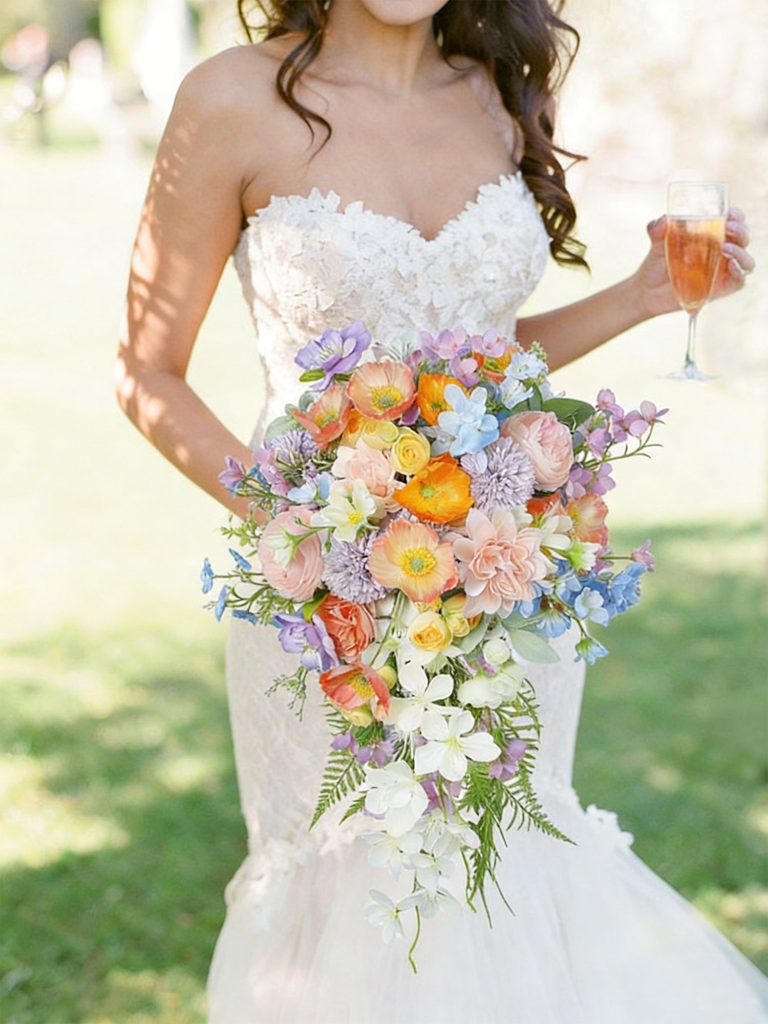 12.2 inch wide Spring Pastels Cascading Bridal Bouquet