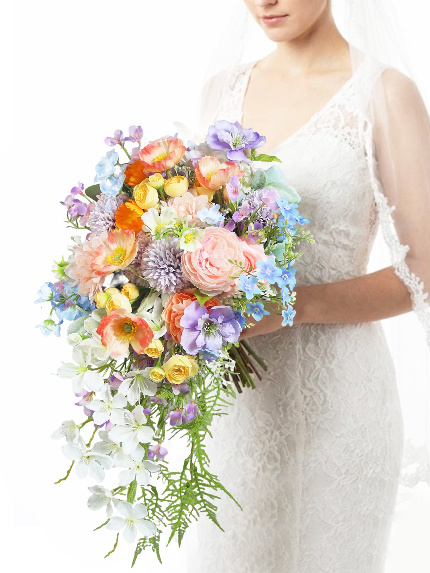 12.2 inch wide Spring Pastels Cascading Bridal Bouquet