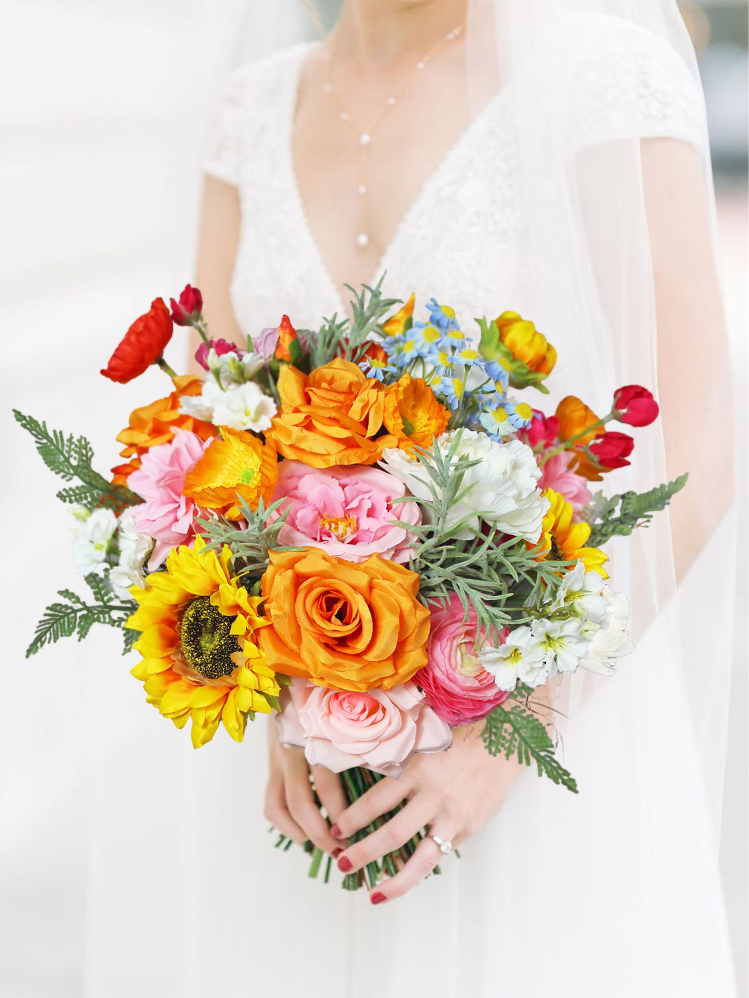 11.8 inch wide Sunflower & Roses Bridal Bouquet