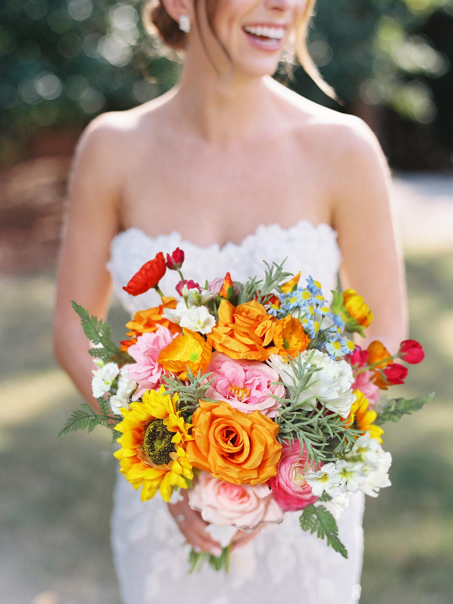 11.8 inch wide Sunflower & Roses Bridal Bouquet