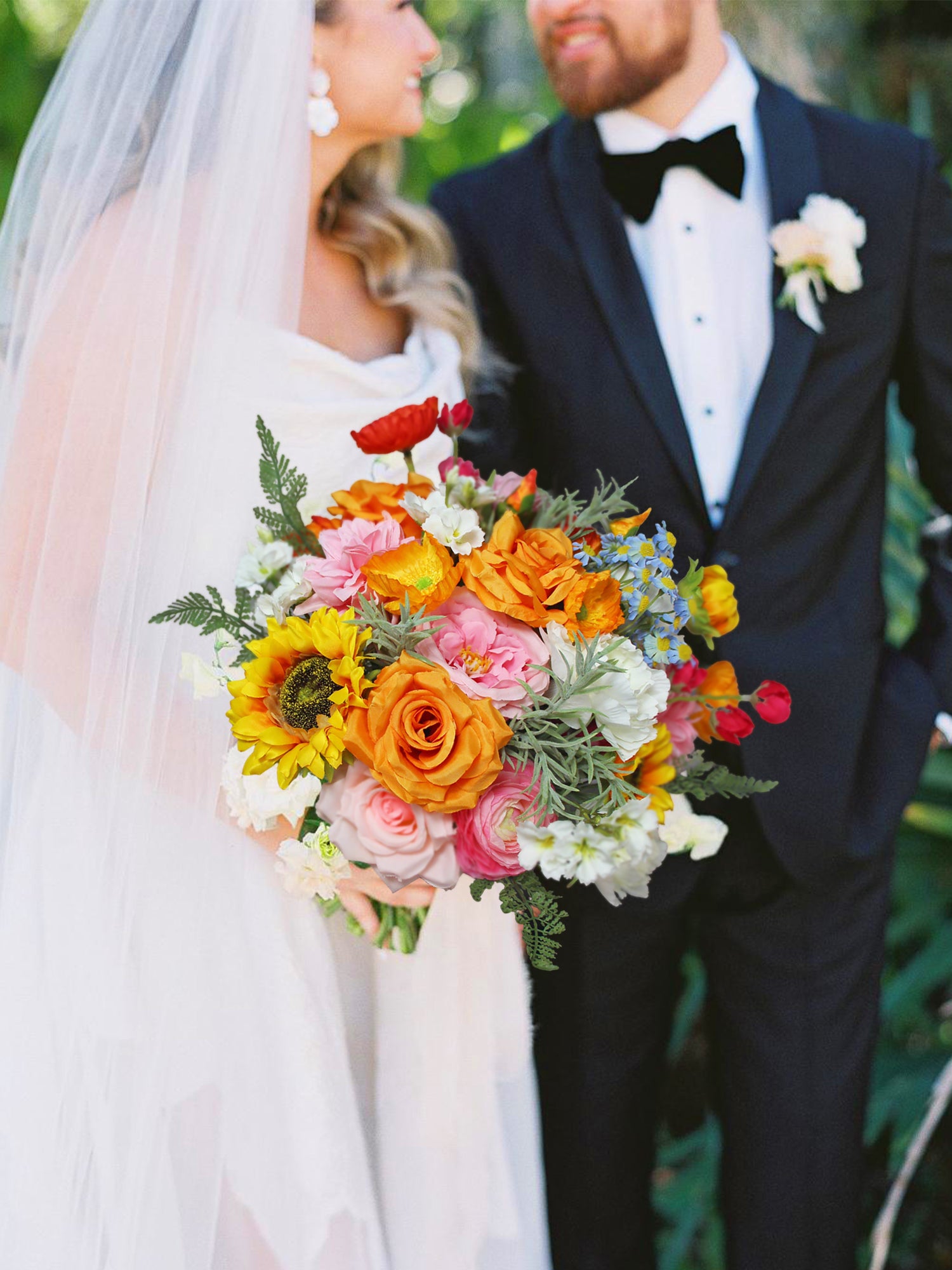 11.8 inch wide Sunflower & Roses Bridal Bouquet