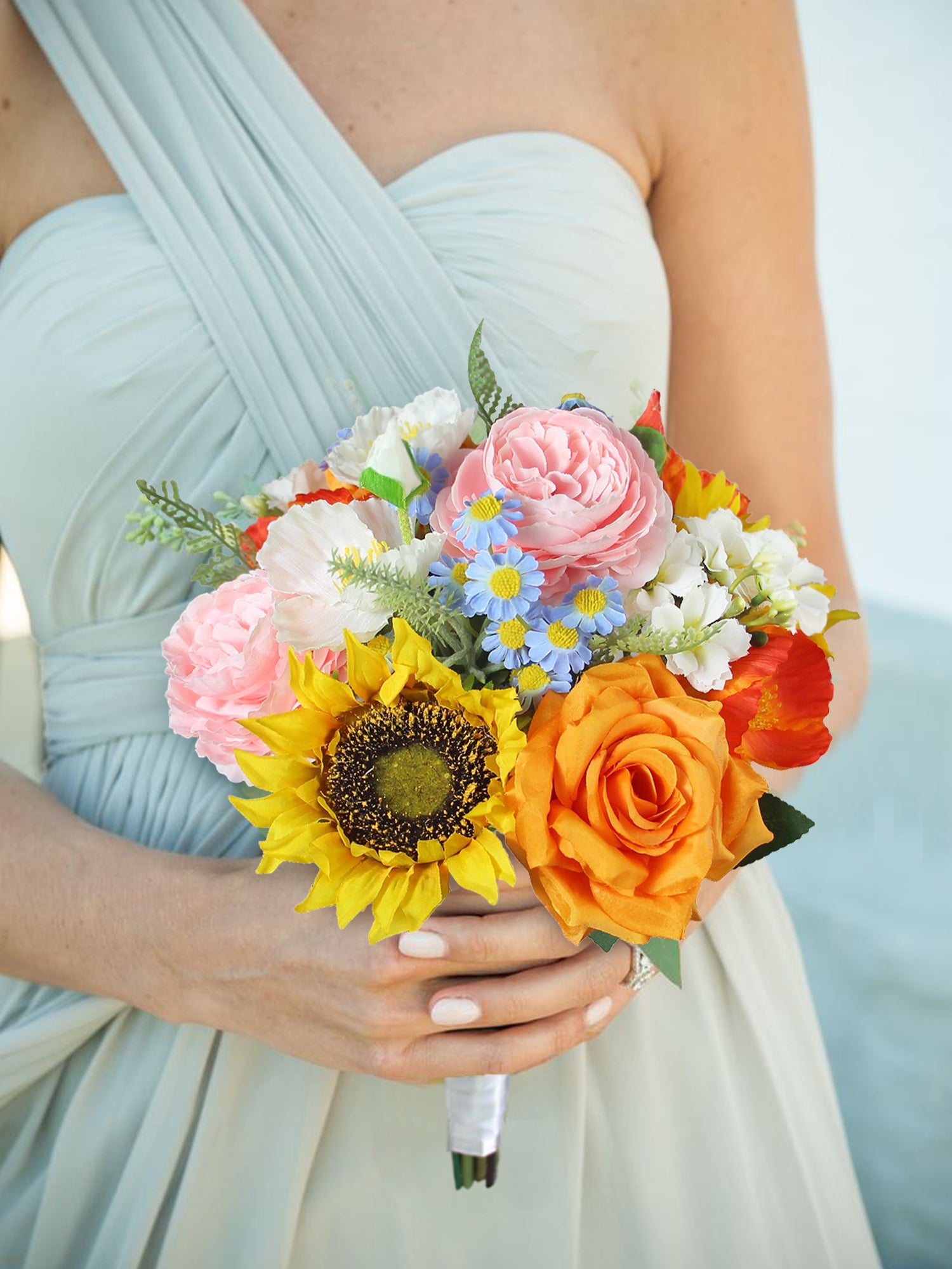 9.4 inch wide Sunflower & Roses Bridesmaid Bouquet - Rinlong Flower