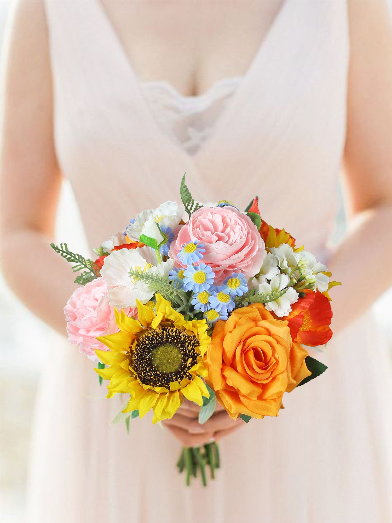 9.4 inch wide Sunflower & Roses Bridesmaid Bouquet - Rinlong Flower
