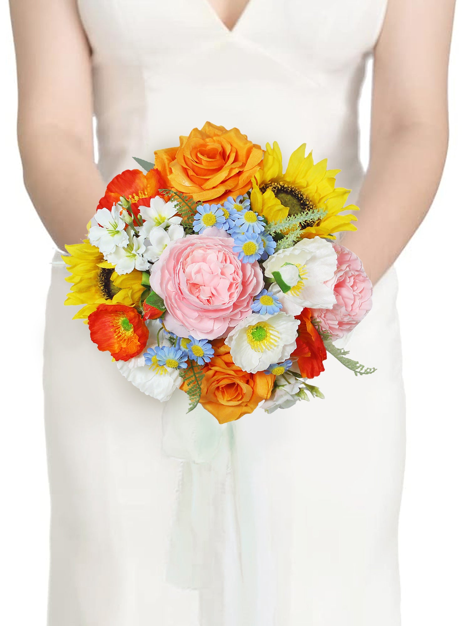 9.4 inch wide Sunflower & Roses Bridesmaid Bouquet - Rinlong Flower