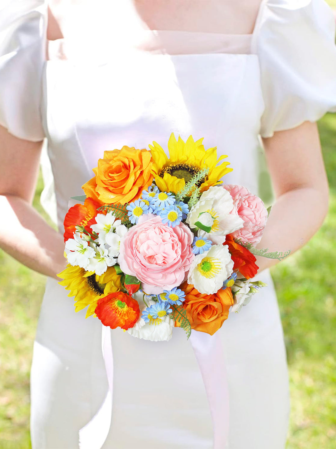 9.4 inch wide Sunflower & Roses Bridesmaid Bouquet - Rinlong Flower