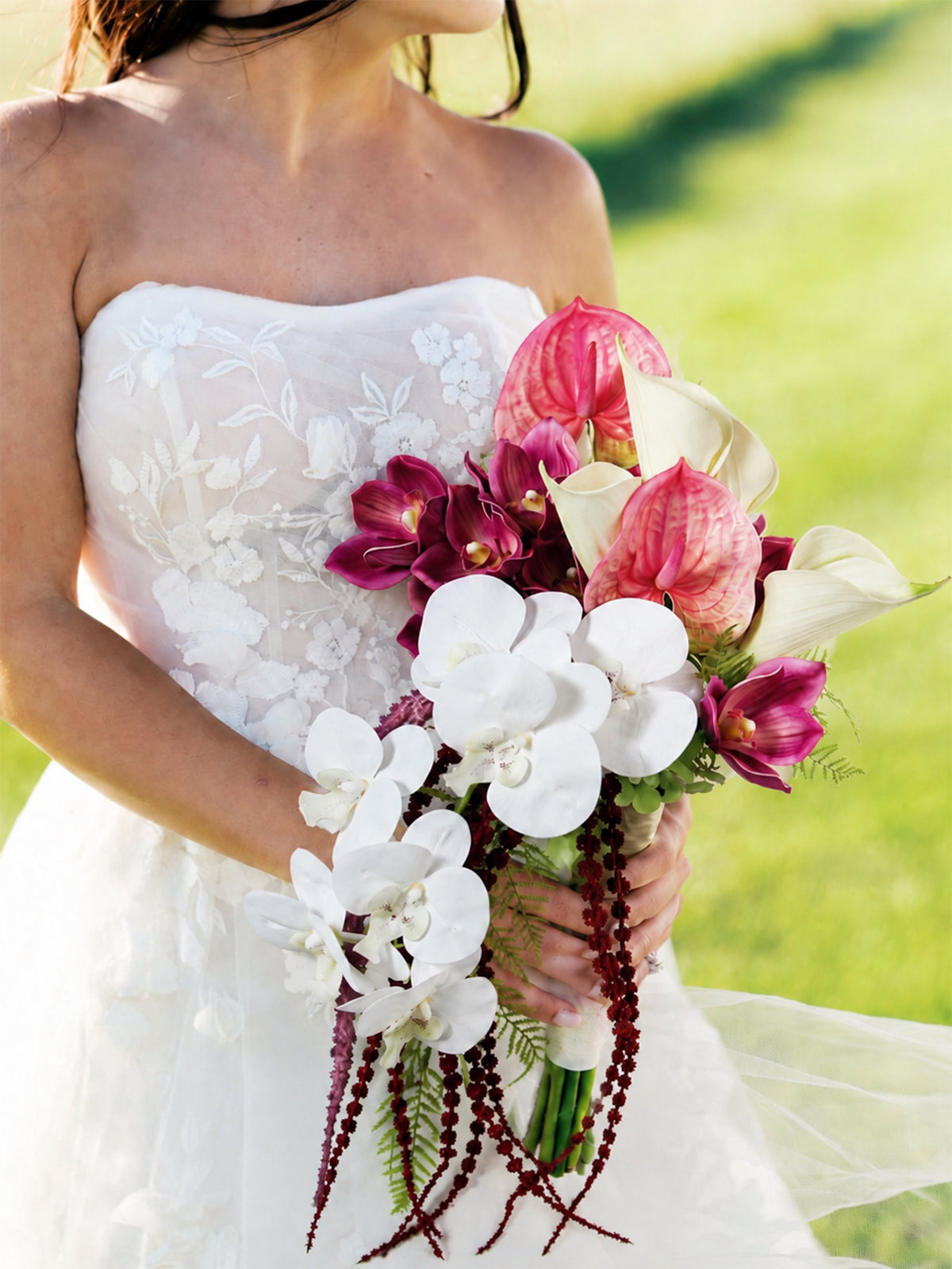 11.8 inch wide Tropical Pink & White Cascading Bridal Bouquet - Rinlong Flower