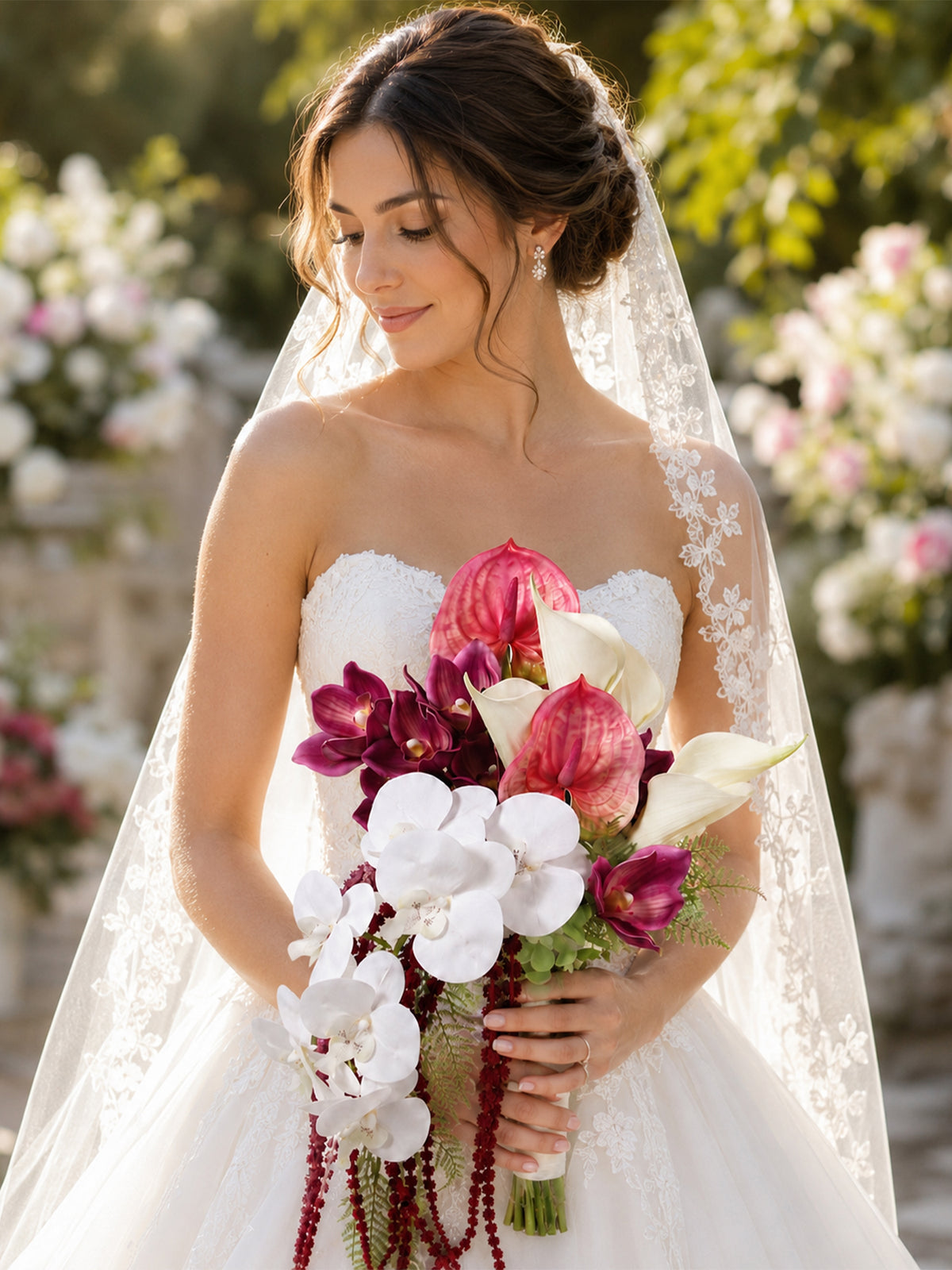 11.8 inch wide Tropical Pink & White Cascading Bridal Bouquet - Rinlong Flower