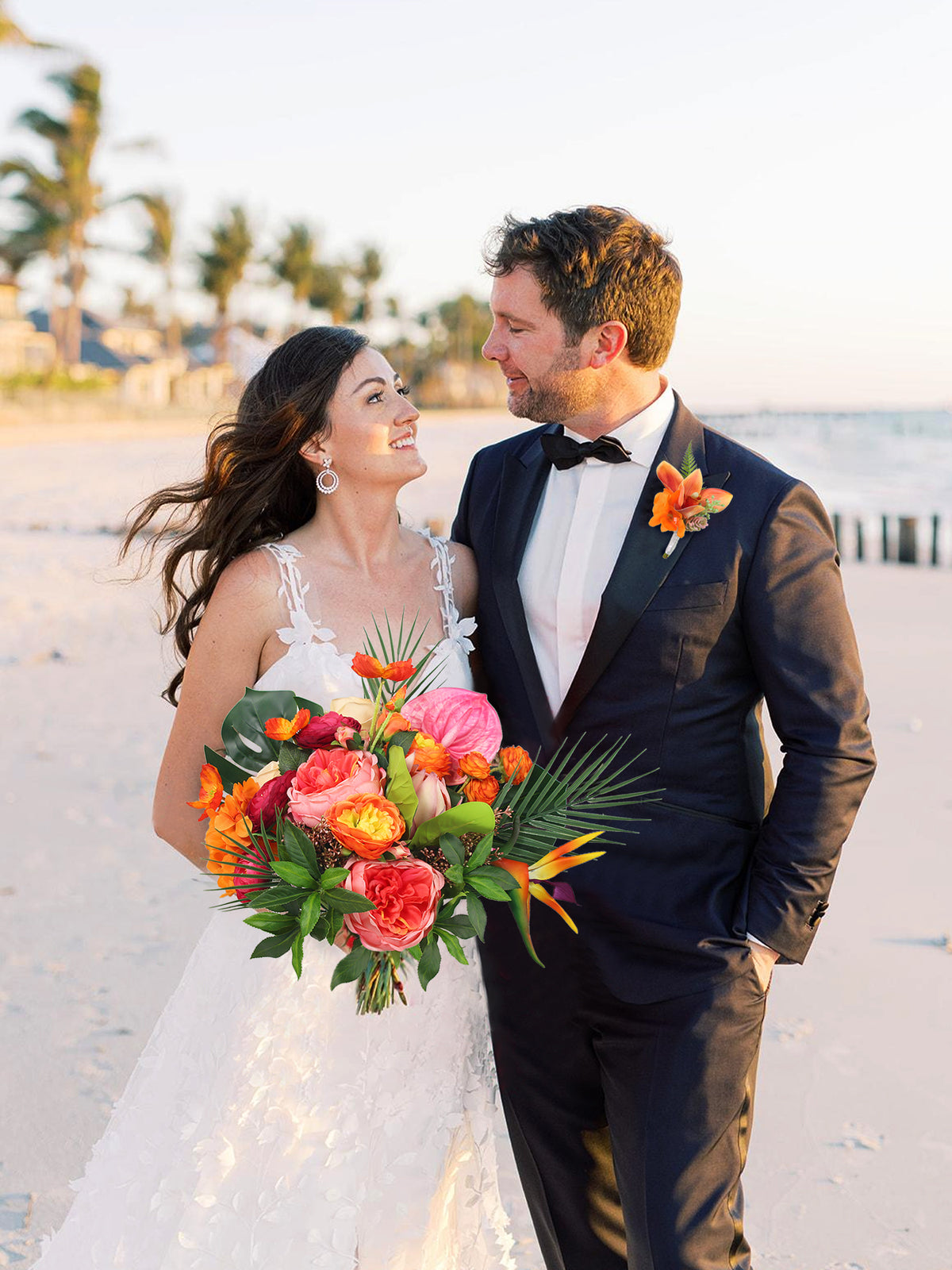 14.5 inch wide Tropical Orange & Pink Bridal Bouquet - Rinlong Flower