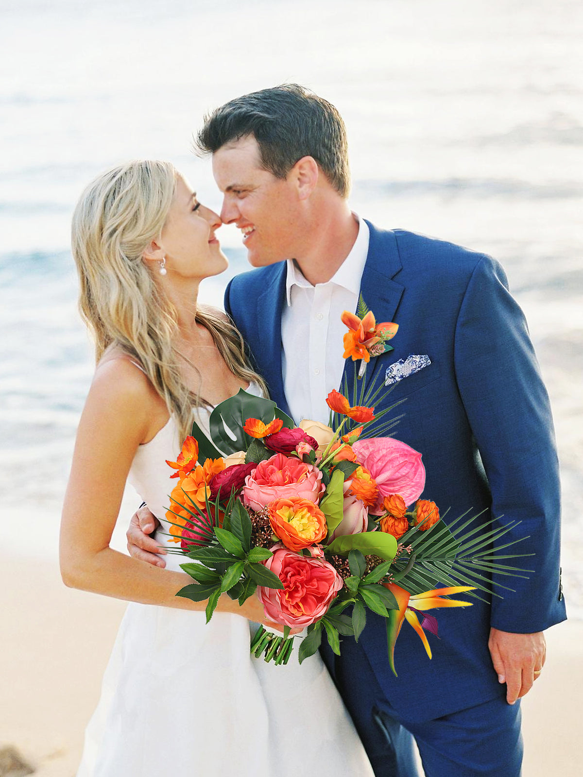 14.5 inch wide Tropical Orange & Pink Bridal Bouquet - Rinlong Flower