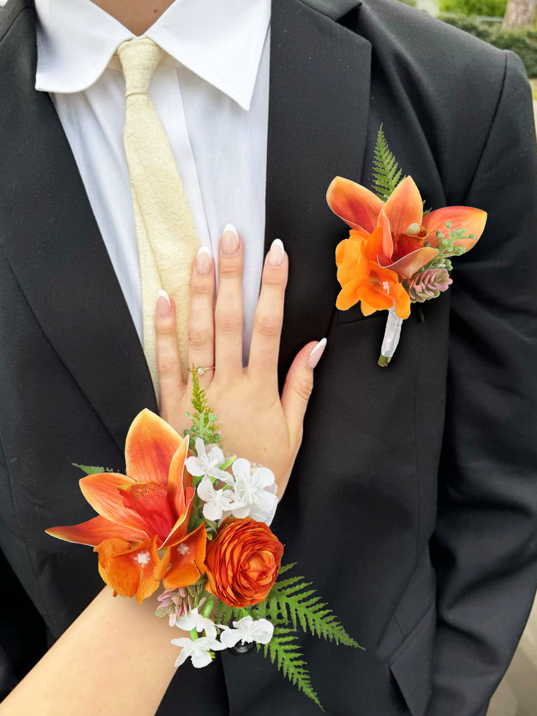 Corsage and Boutonniere Set Tropical Orange Orchid - Rinlong Flower
