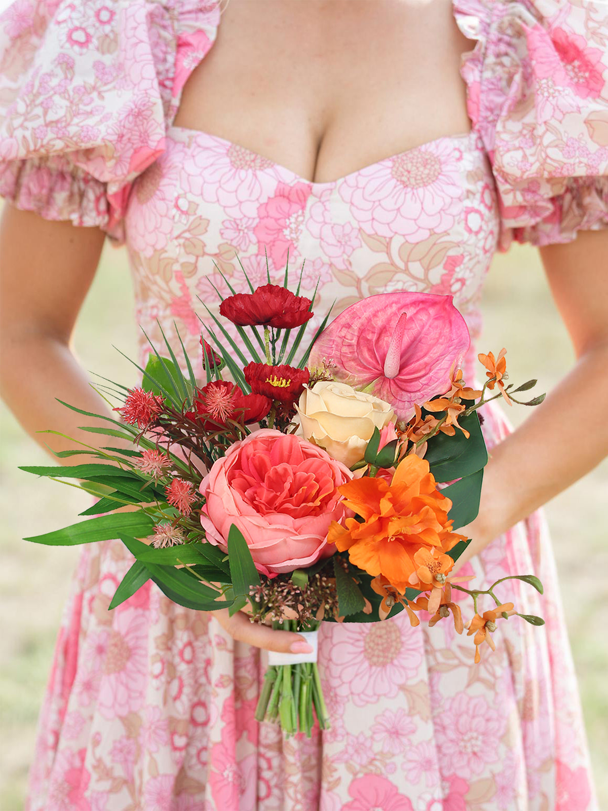 9.8 inch wide Tropical Orange & Pink Bridesmaid Bouquet - Rinlong Flower