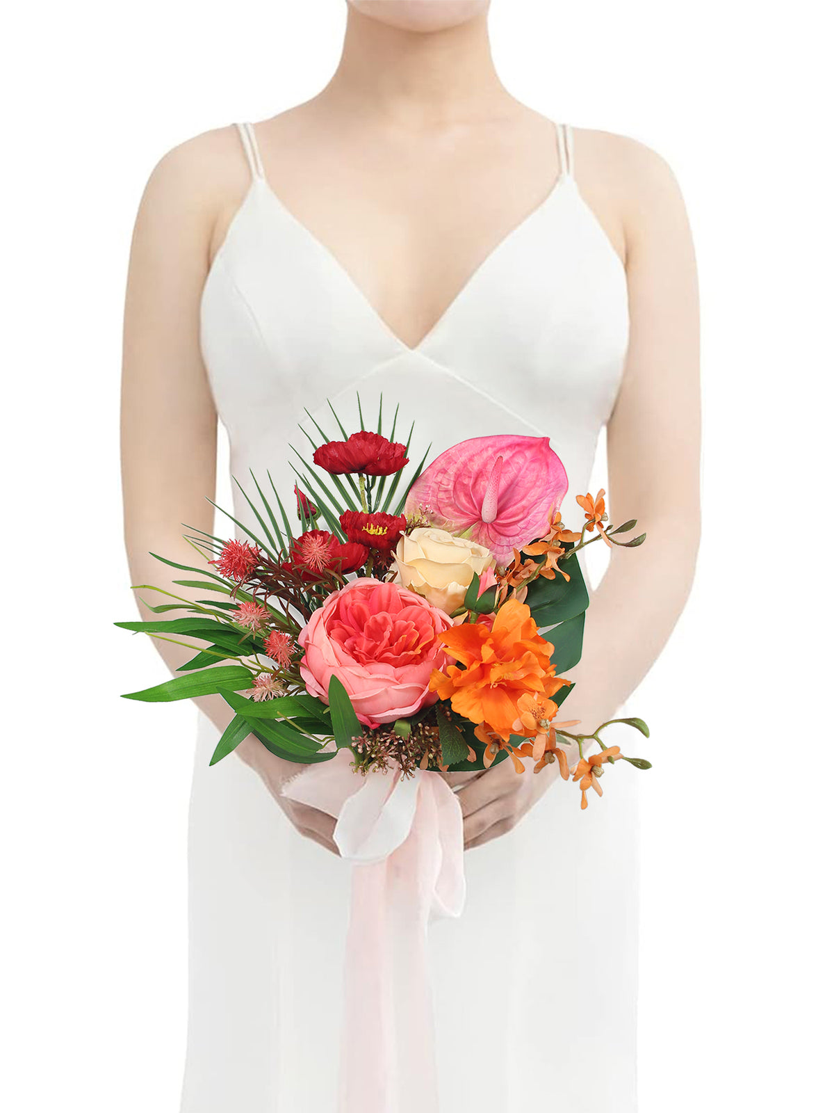9.8 inch wide Tropical Orange & Pink Bridesmaid Bouquet - Rinlong Flower