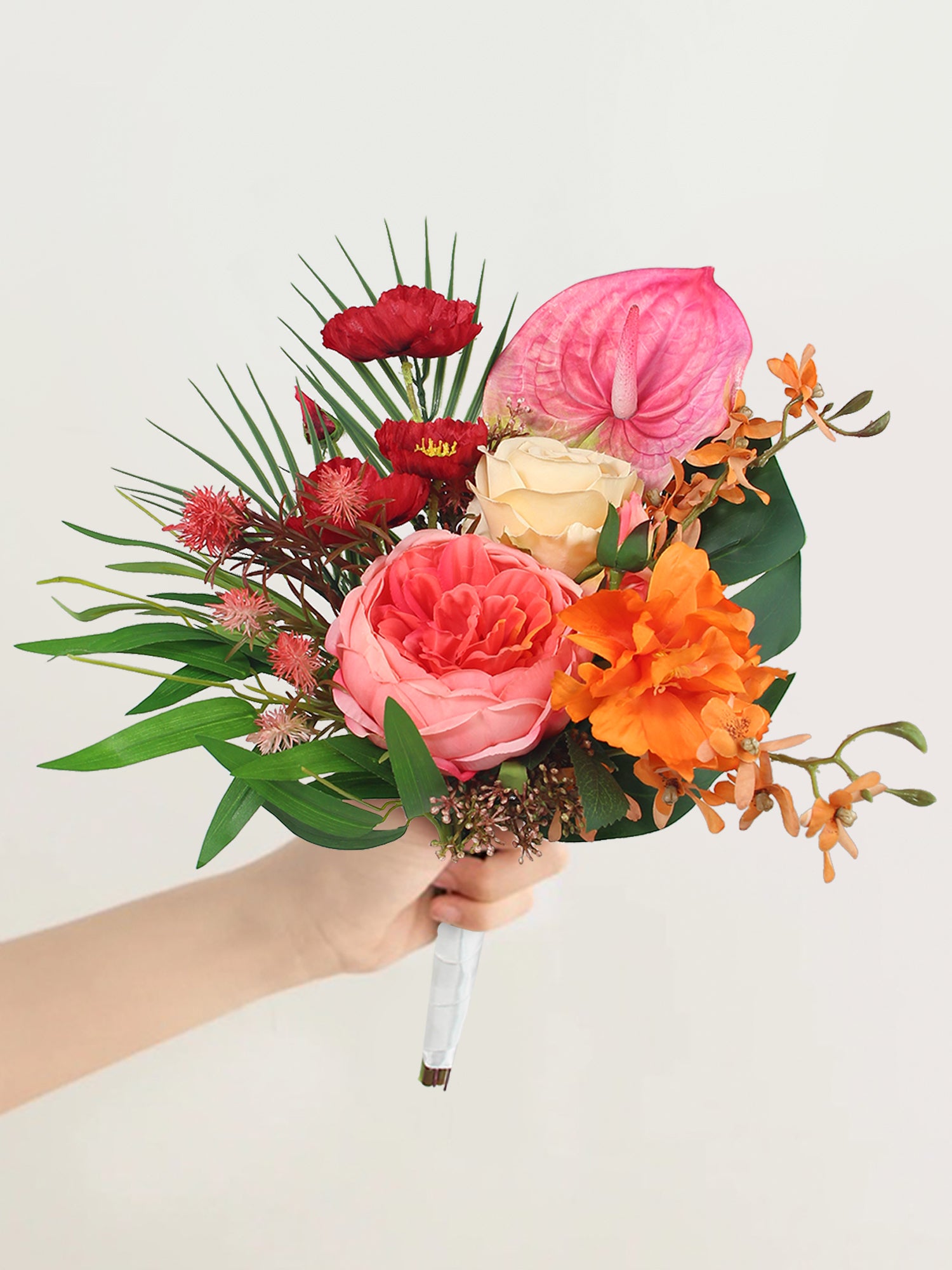 9.8 inch wide Tropical Orange & Pink Bridesmaid Bouquet