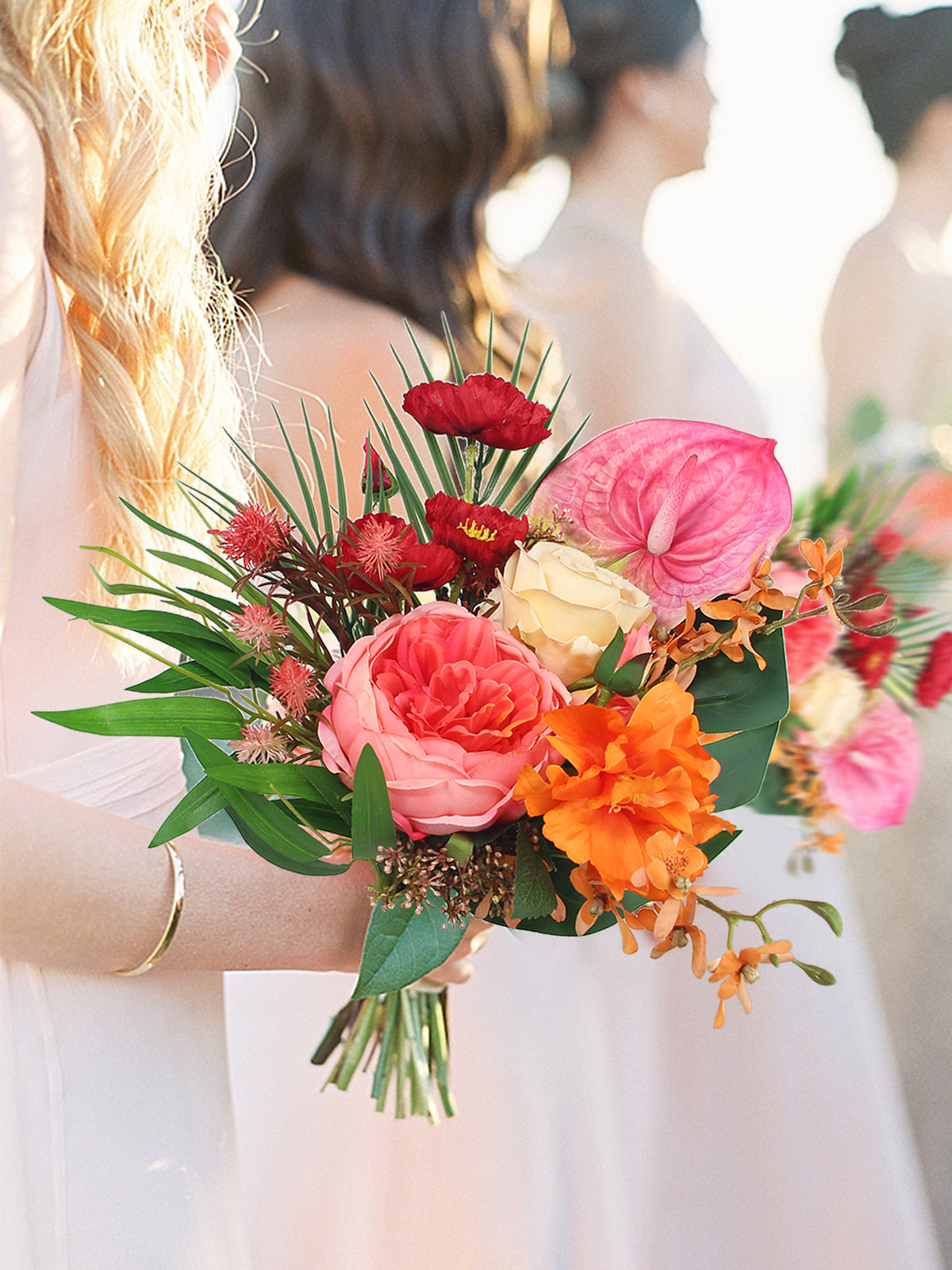 9.8 inch wide Tropical Orange & Pink Bridesmaid Bouquet - Rinlong Flower