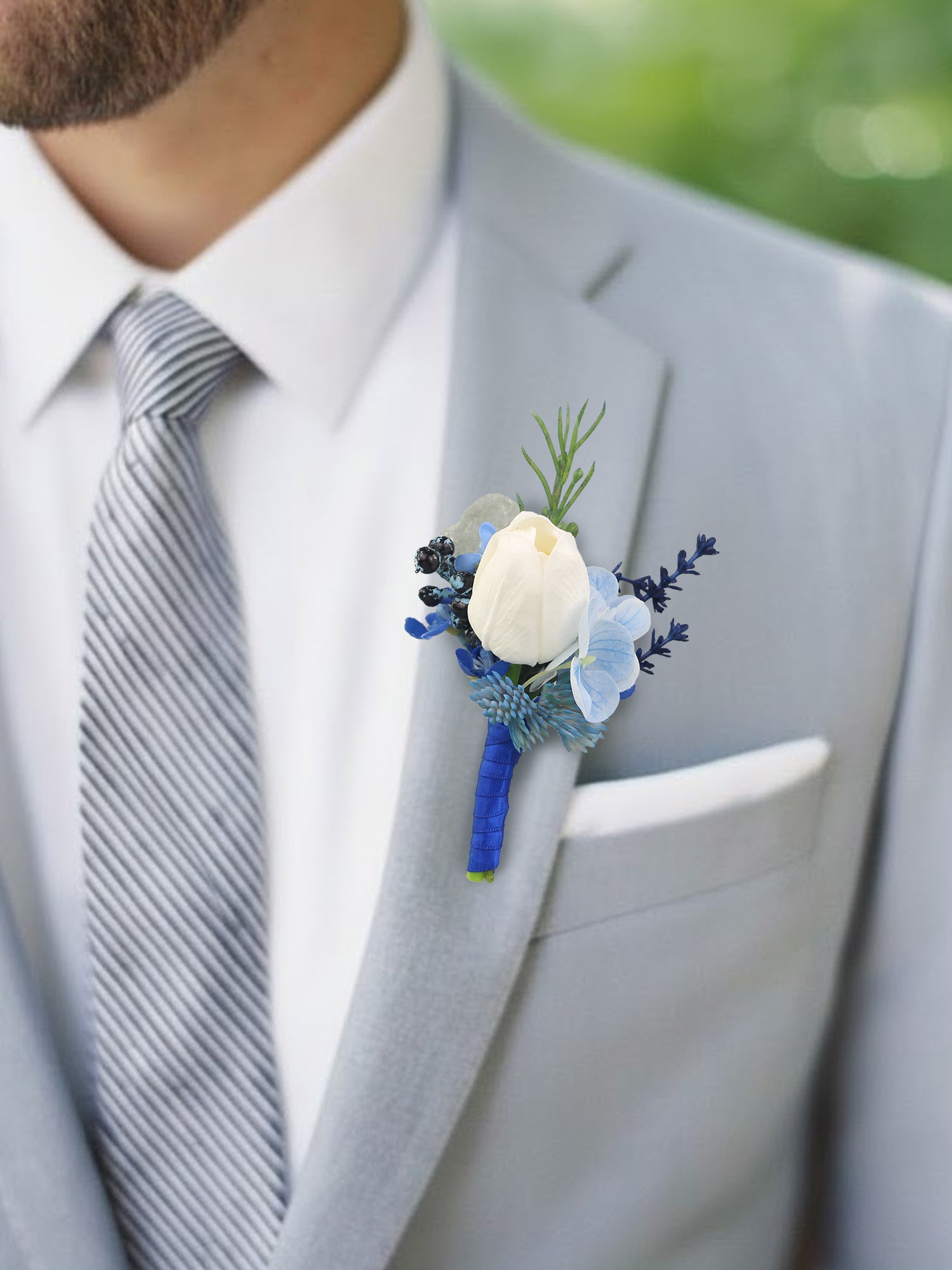 Boutonniere Blue Hydrangea & White Tulip