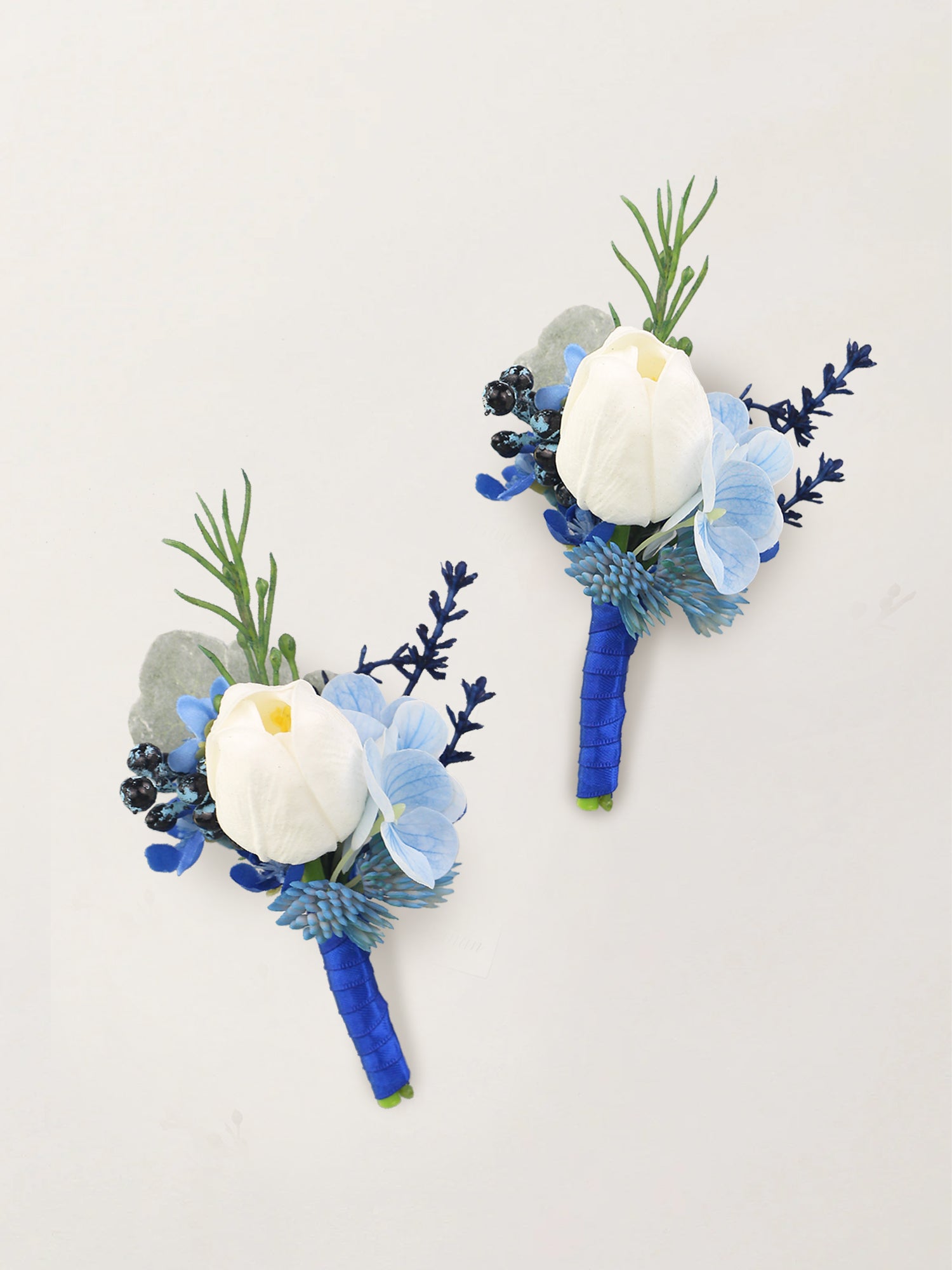 Boutonniere Blue Hydrangea & White Tulip