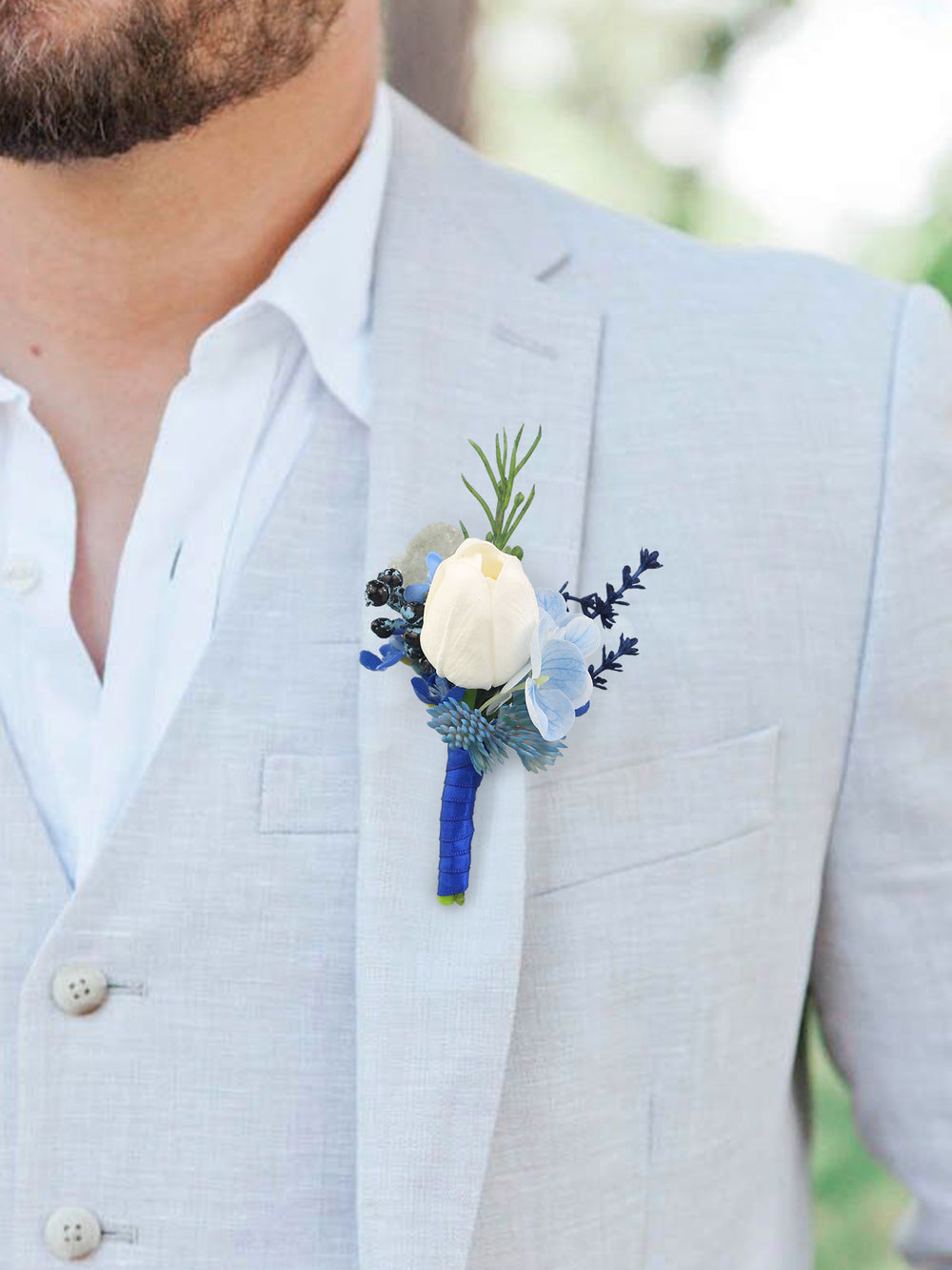 Boutonniere Blue Hydrangea & White Tulip - Rinlong Flower