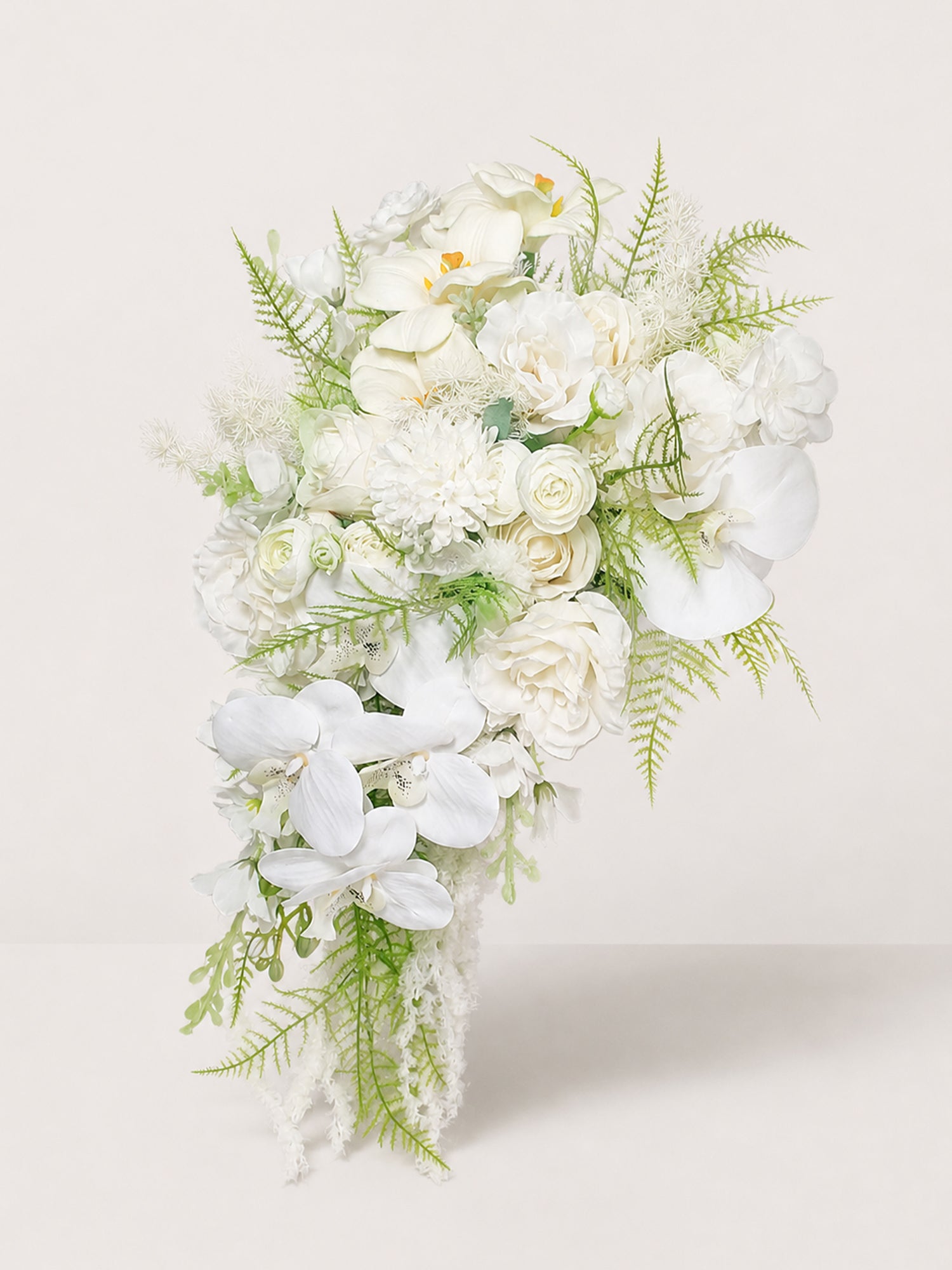9.4 inch wide Green & White Cascading Bridal Bouquet
