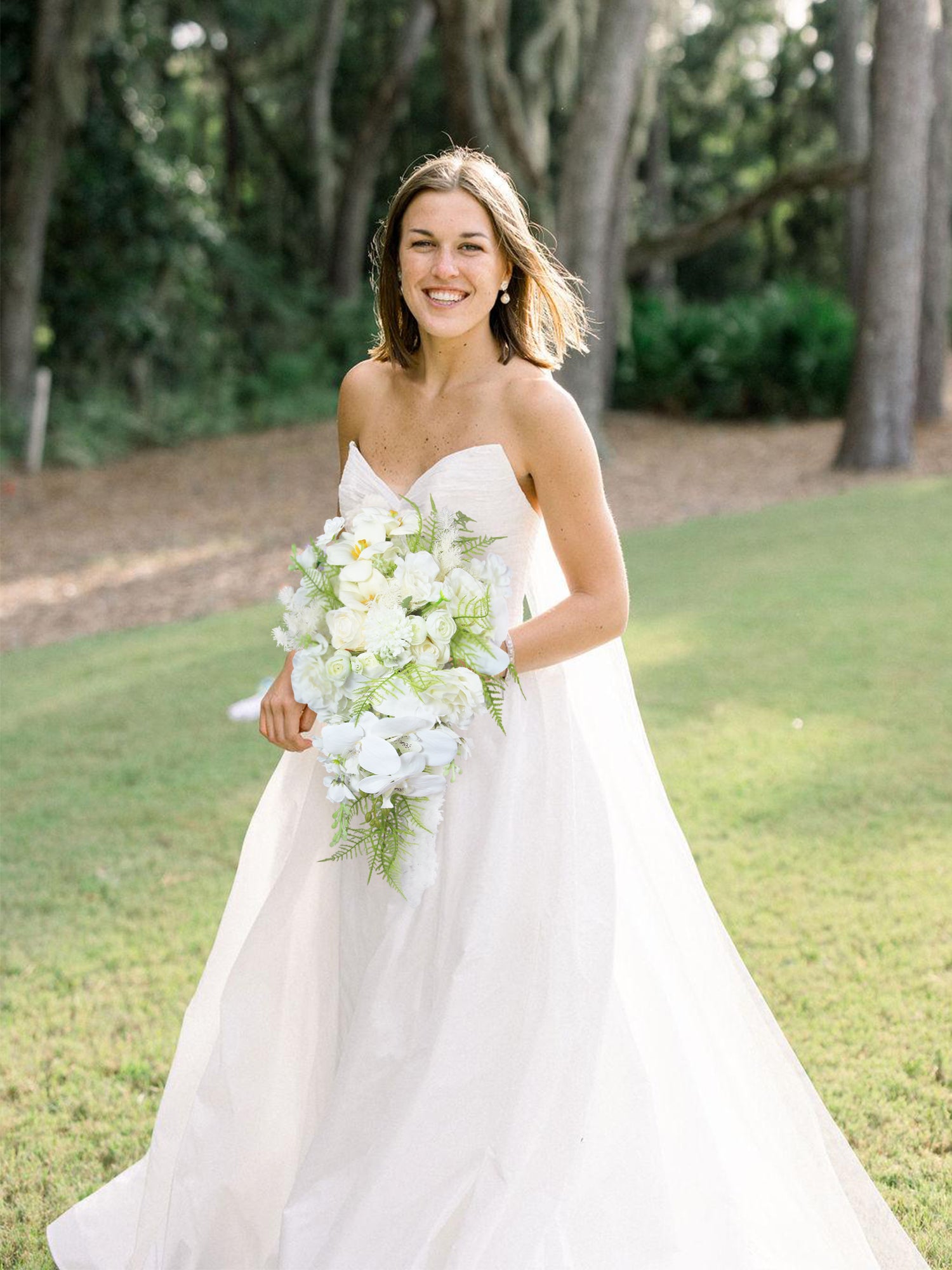9.4 inch wide Green & White Cascading Bridal Bouquet