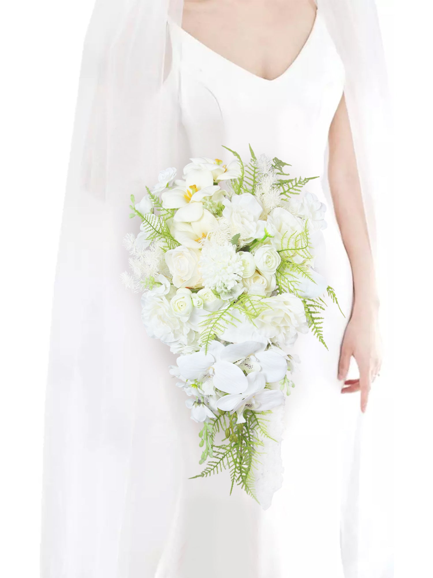 9.4 inch wide Green & White Cascading Bridal Bouquet