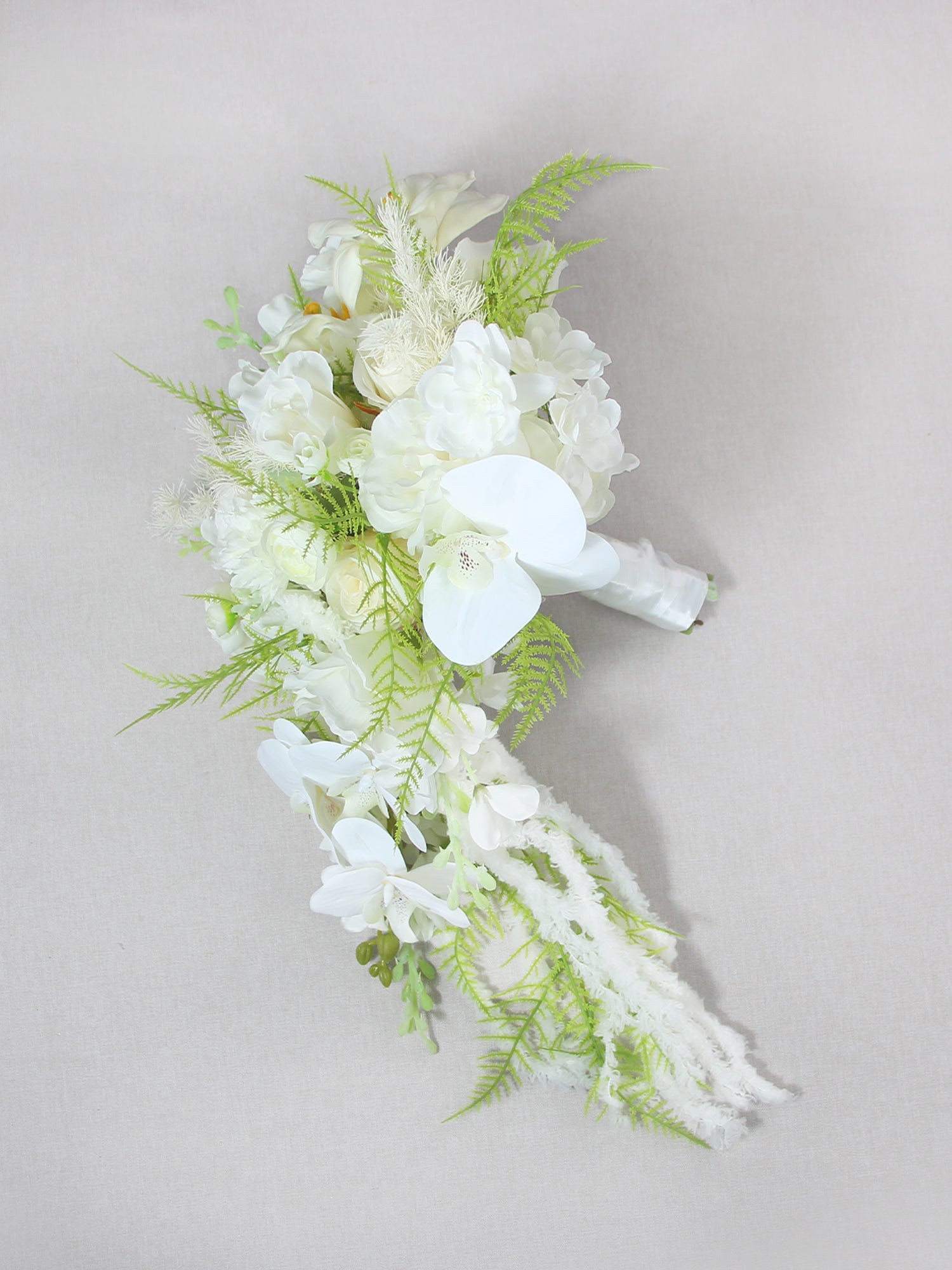 9.4 inch wide Green & White Cascading Bridal Bouquet