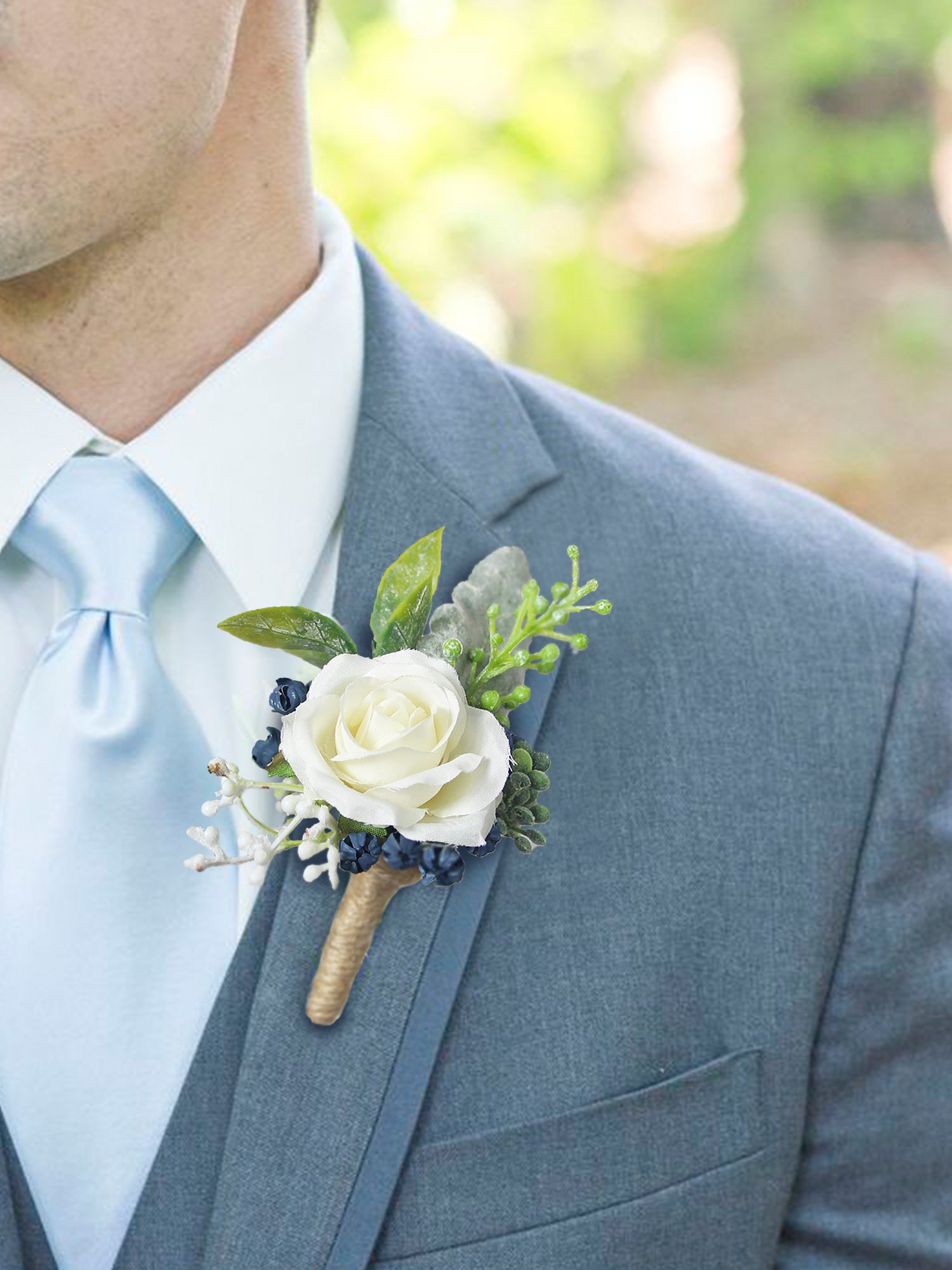 Boutonniere White & Dusty Blue