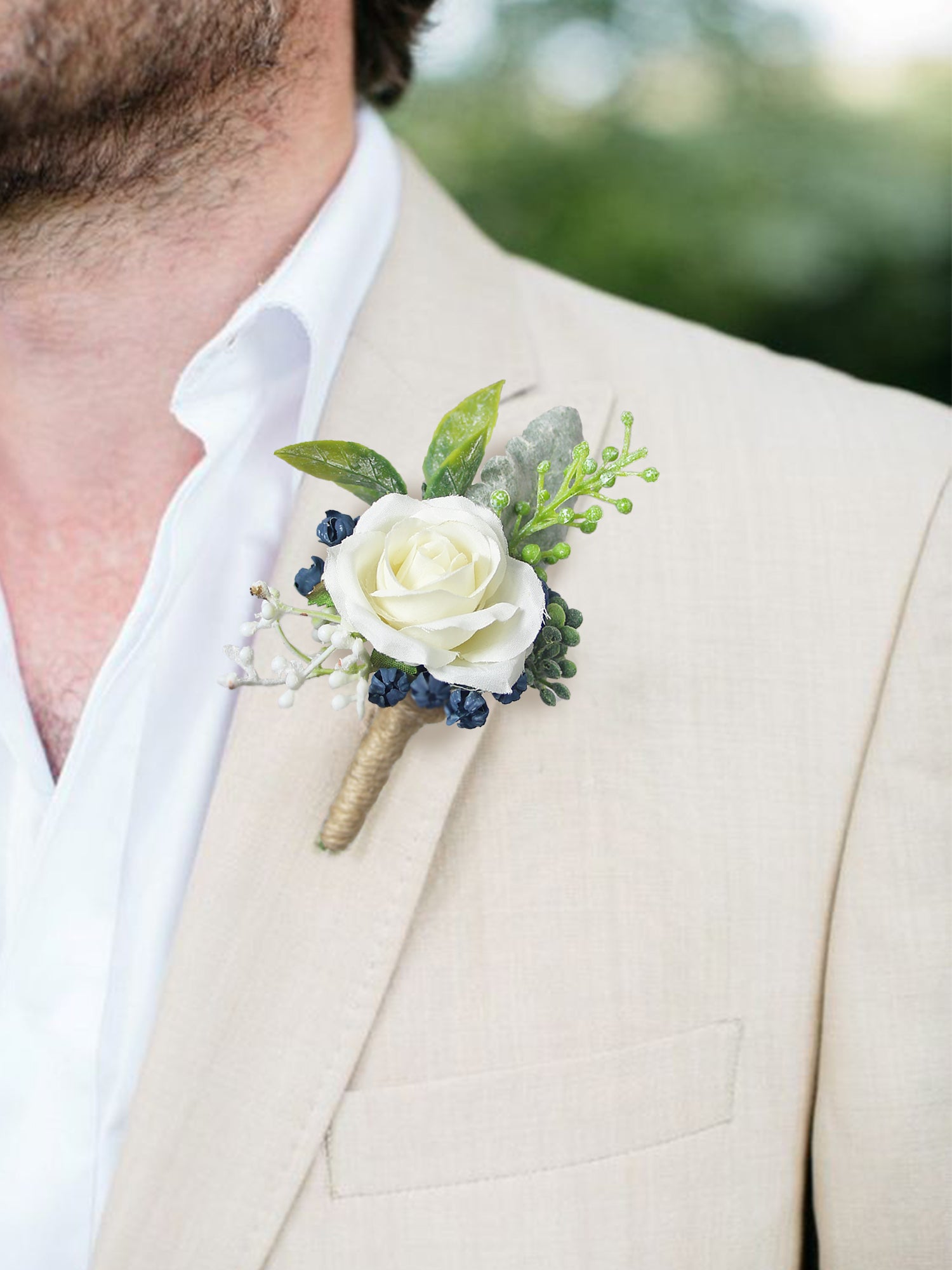 Boutonniere White & Dusty Blue