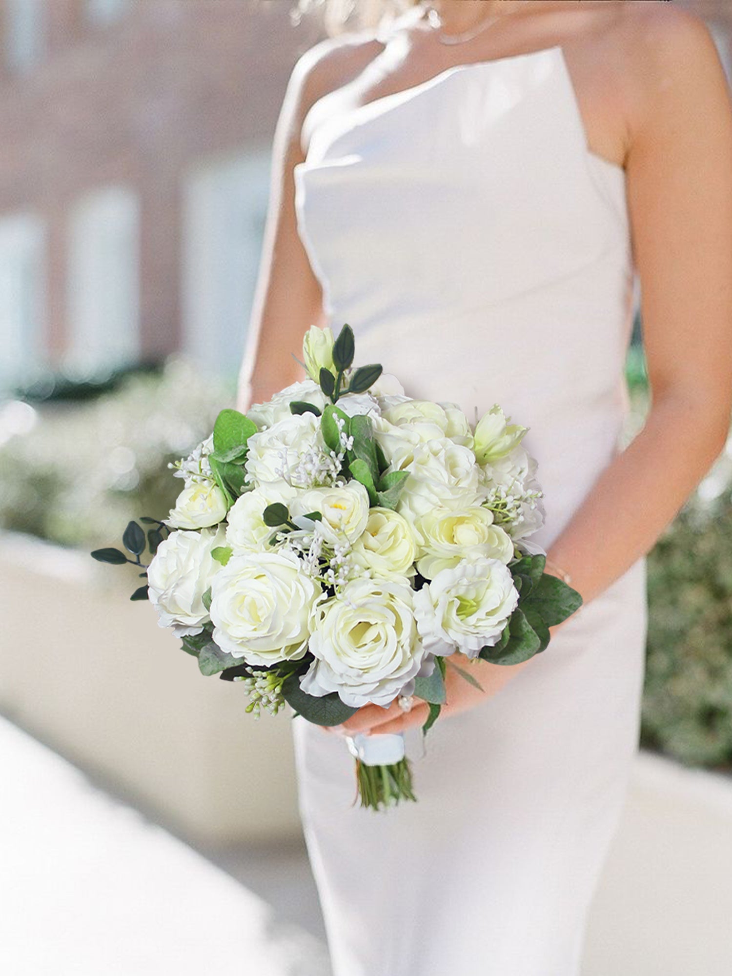 9.4 inch wide Green & White Bridal Bouquet