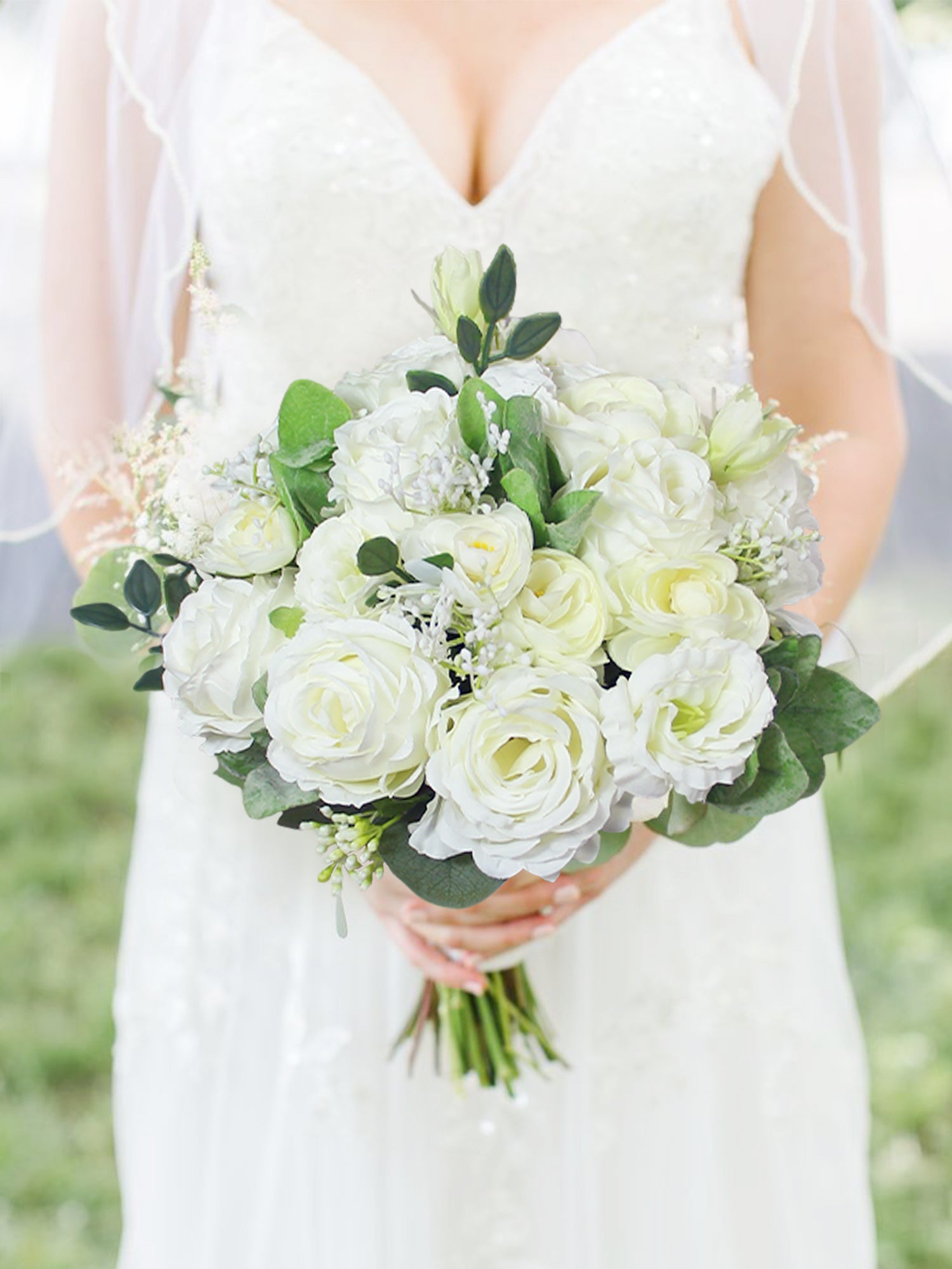 9.4 inch wide Green & White Bridal Bouquet