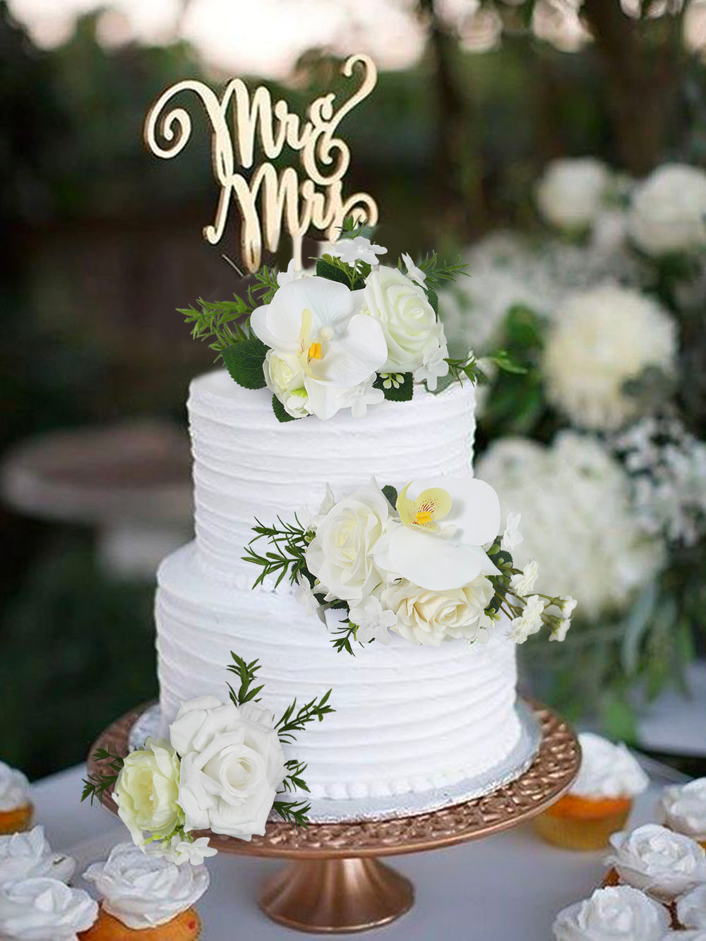 3Pcs White Orchids Cake Flowers Set - Rinlong Flower