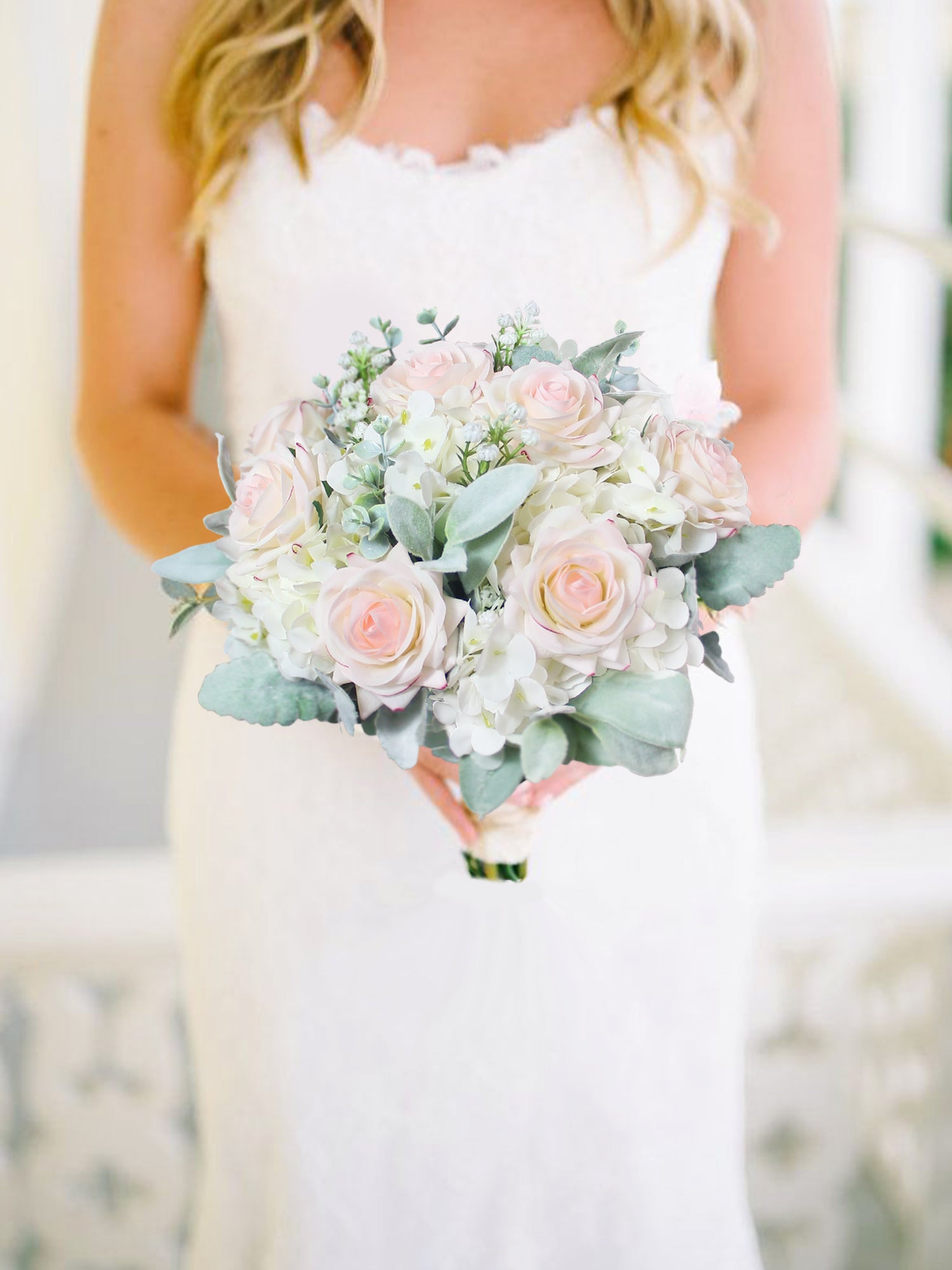 10.6 inch wide Blush Pink & Dusty Greem Bridal Bouquet