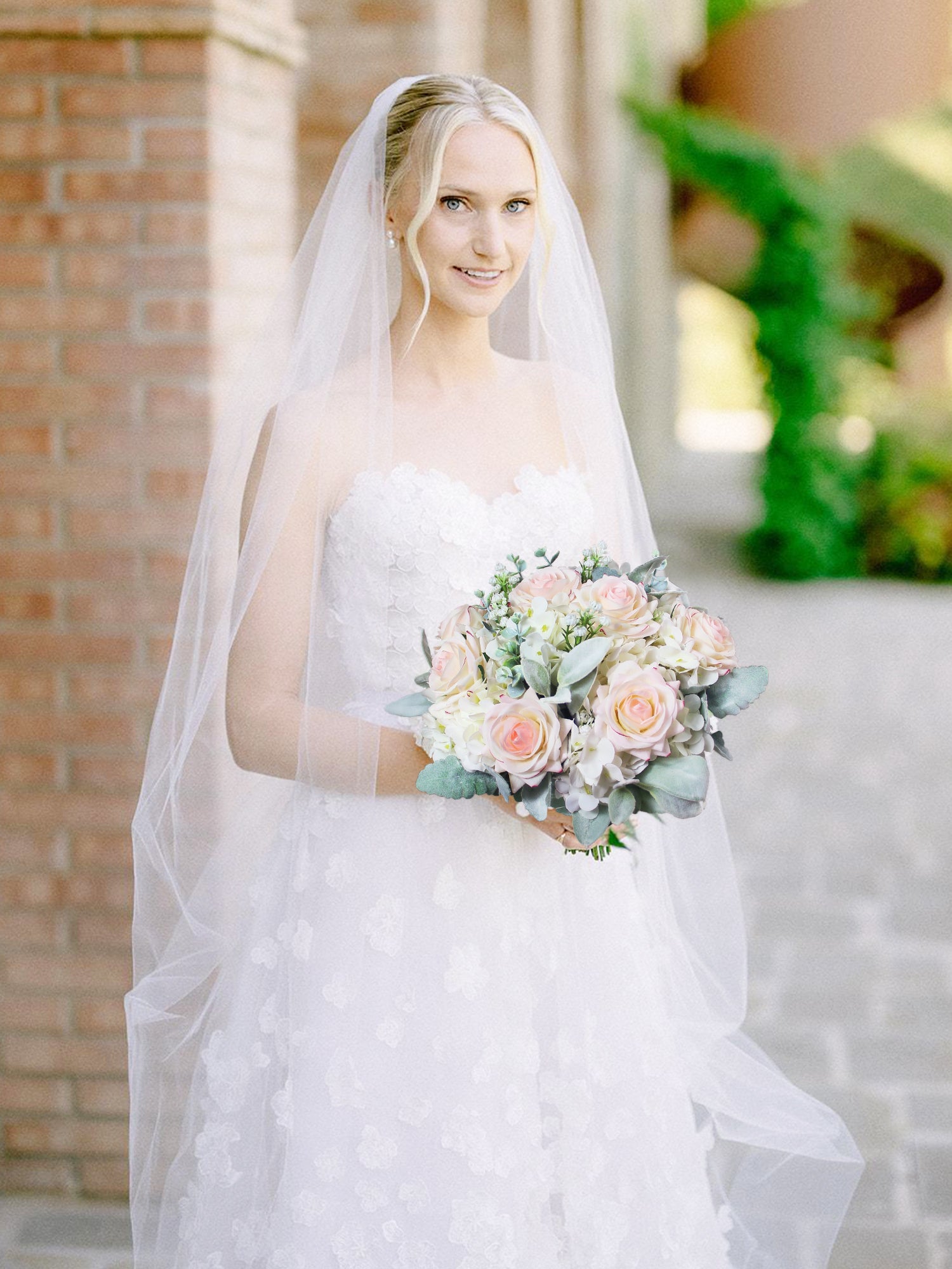 10.6 inch wide Blush Pink & Dusty Greem Bridal Bouquet