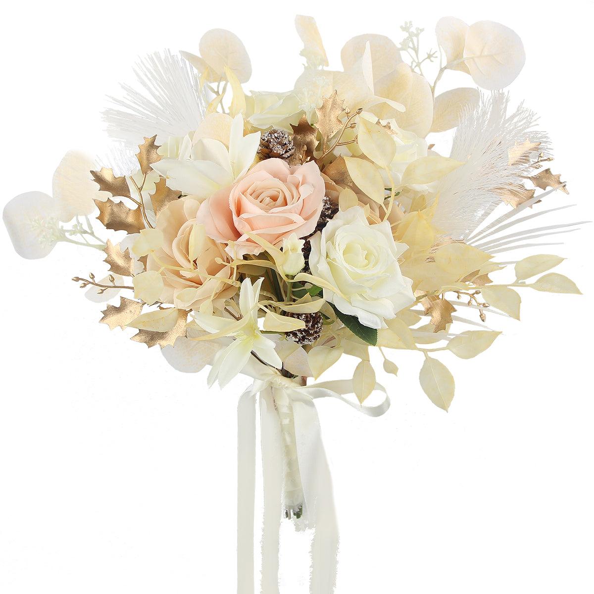 12.5 inch wide White & Beige Bridal Bouquet - Rinlong Flower