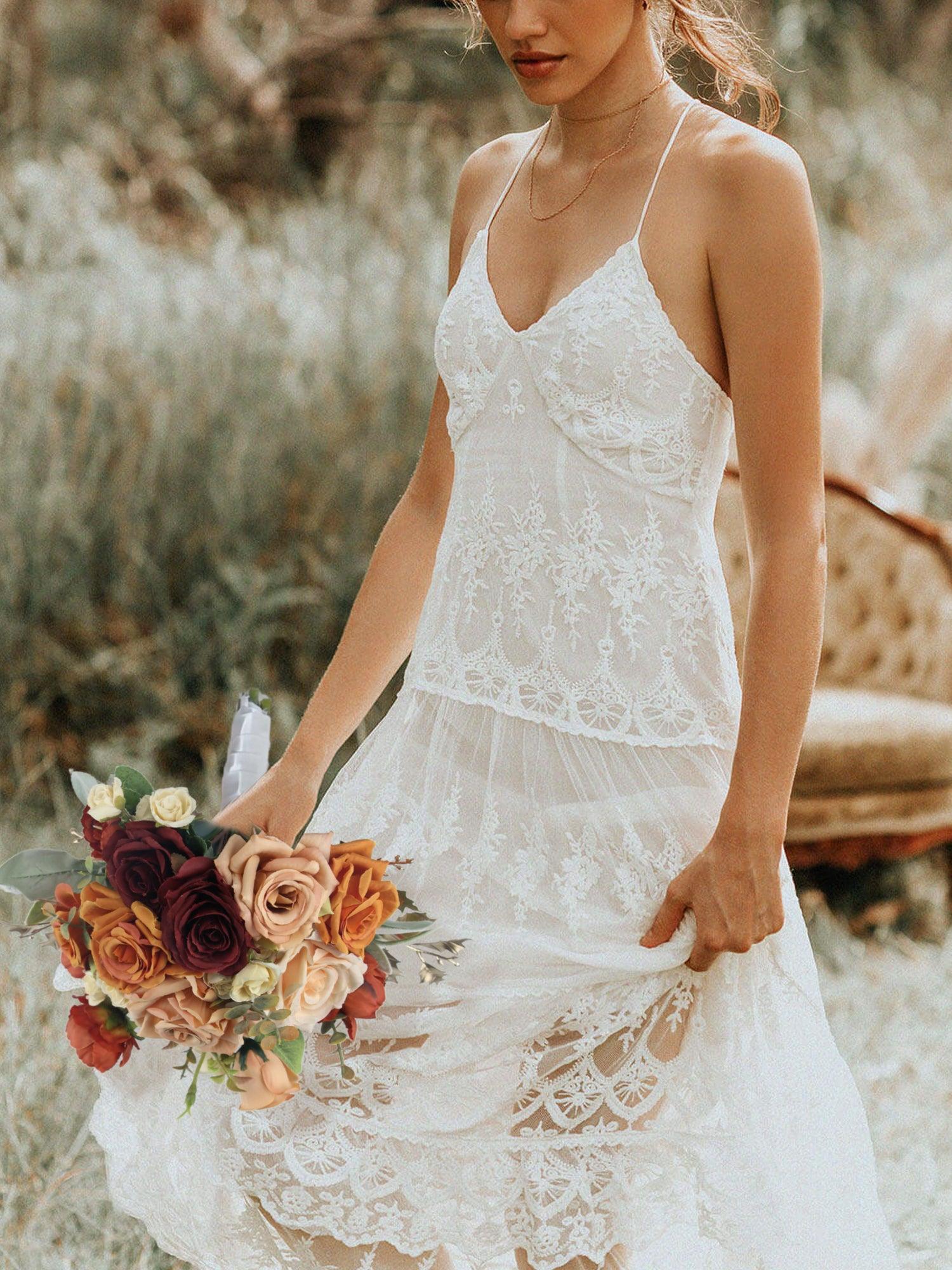 9 inch wide Burnt Orange Rounded Bridal Bouquet - Rinlong Flower