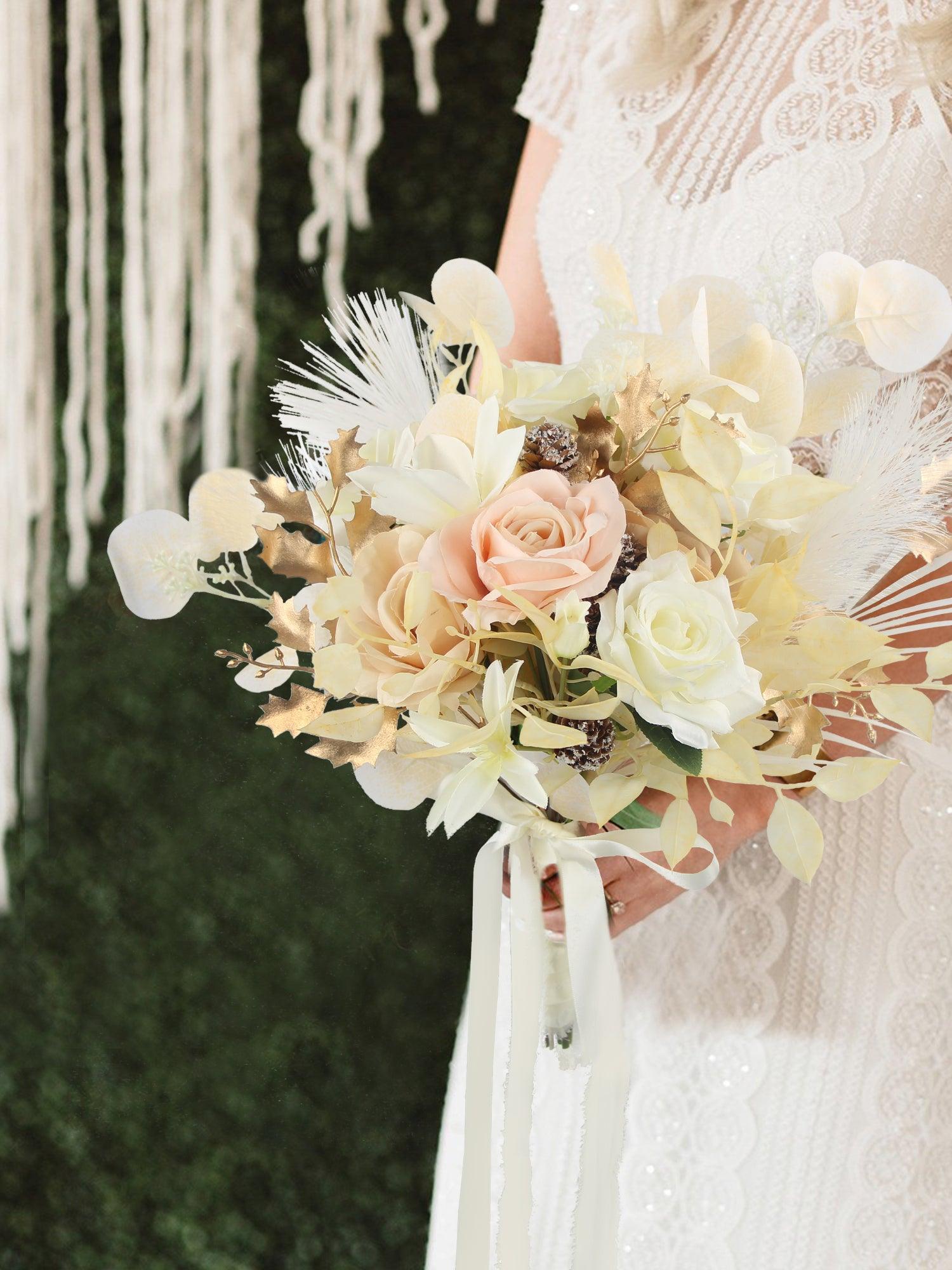 12.5 inch wide White & Beige Bridal Bouquet - Rinlong Flower