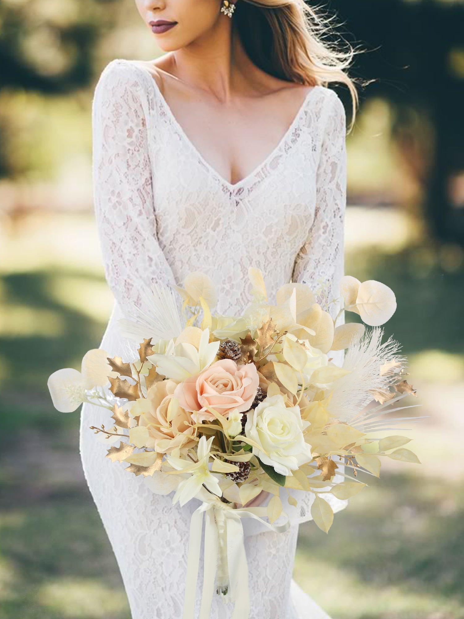 12.5 inch wide White & Beige Bridal Bouquet 12.5 inch wide White & Beige Bridal Bouquet