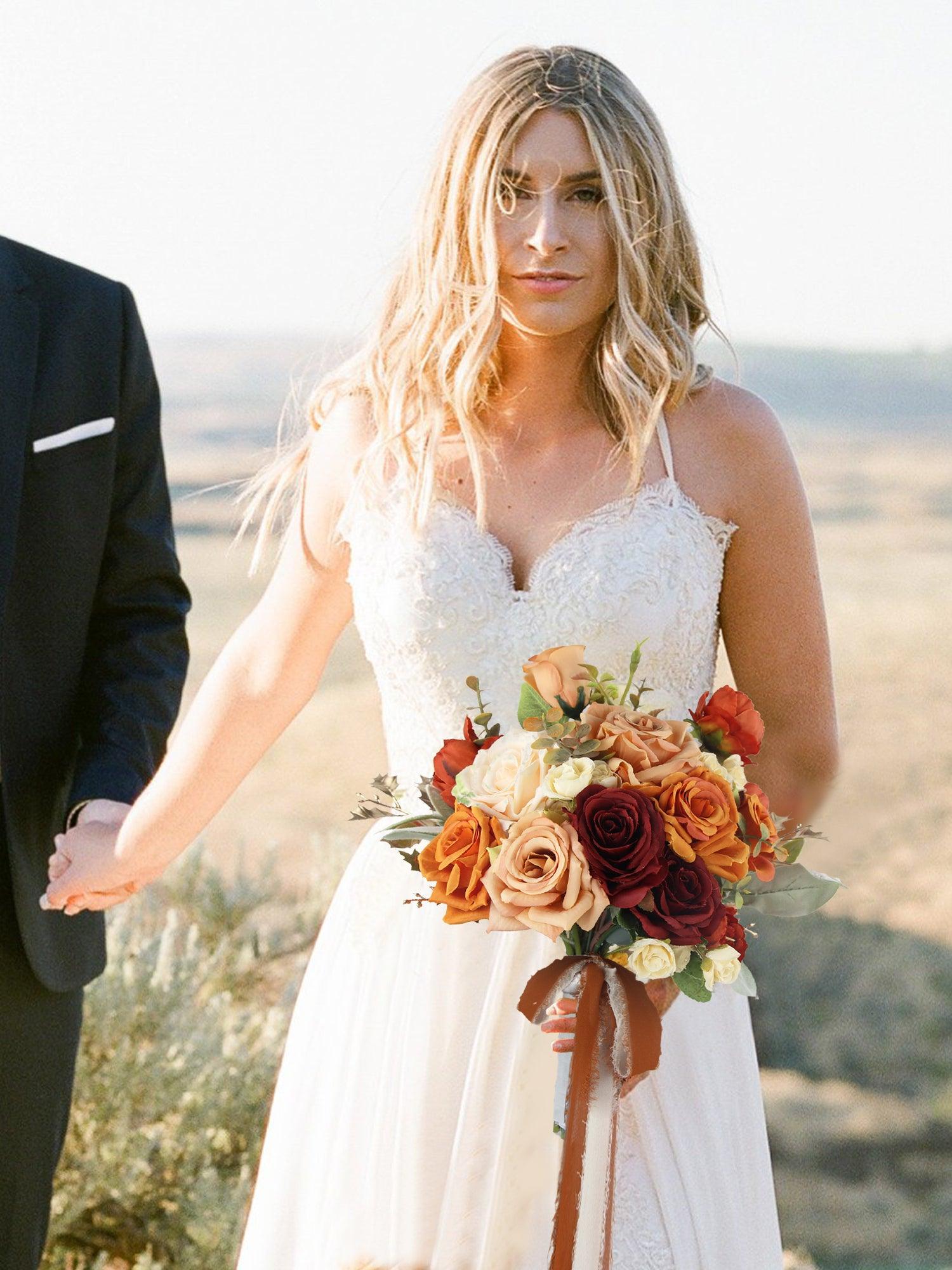 9 inch wide Burnt Orange Rounded Bridal Bouquet - Rinlong Flower