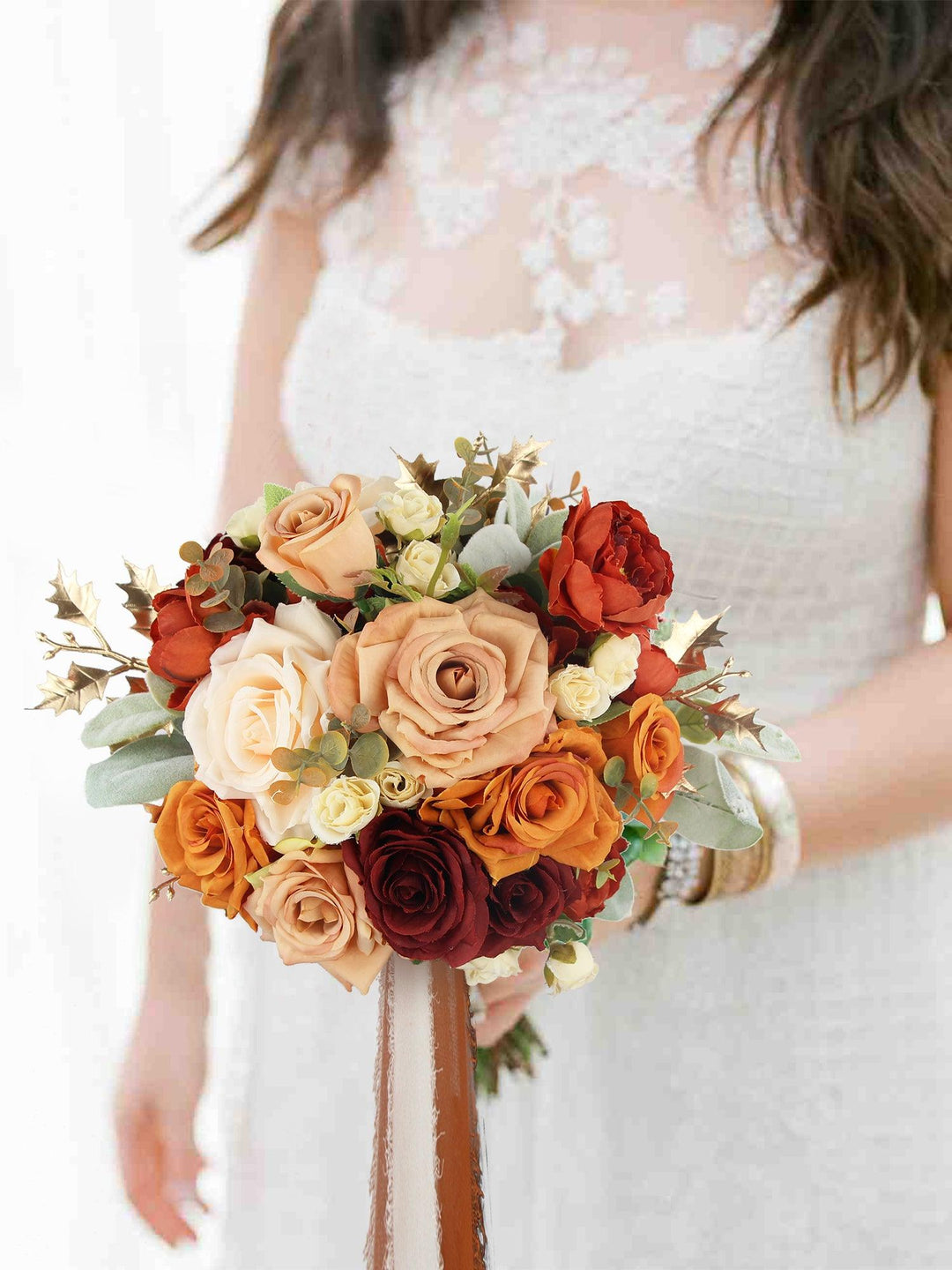 9 inch wide Burnt Orange Rounded Bridal Bouquet - Rinlong Flower