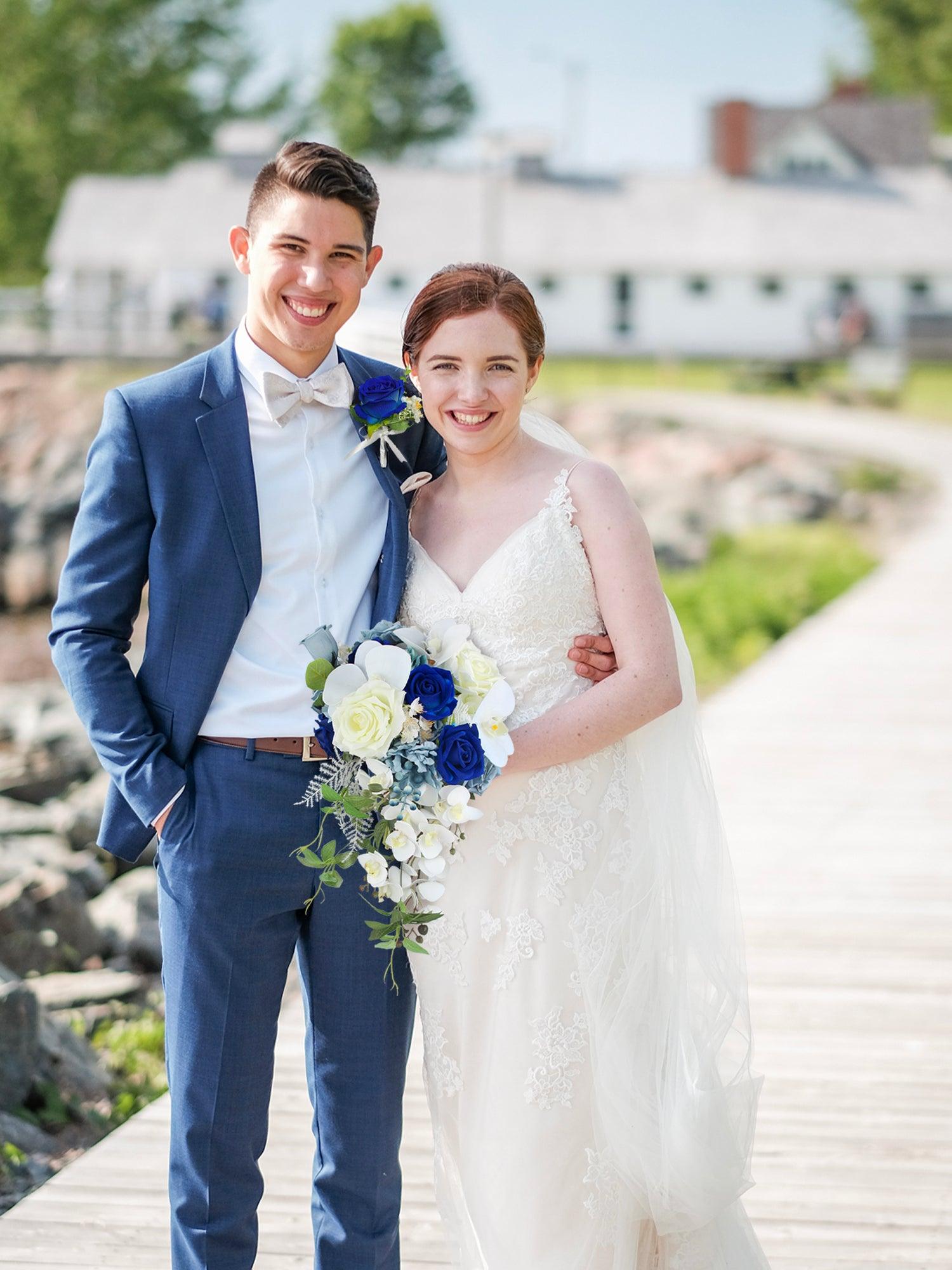 10 inch wide Sapphire Blue Cascading Bridal Bouquet - Rinlong Flower