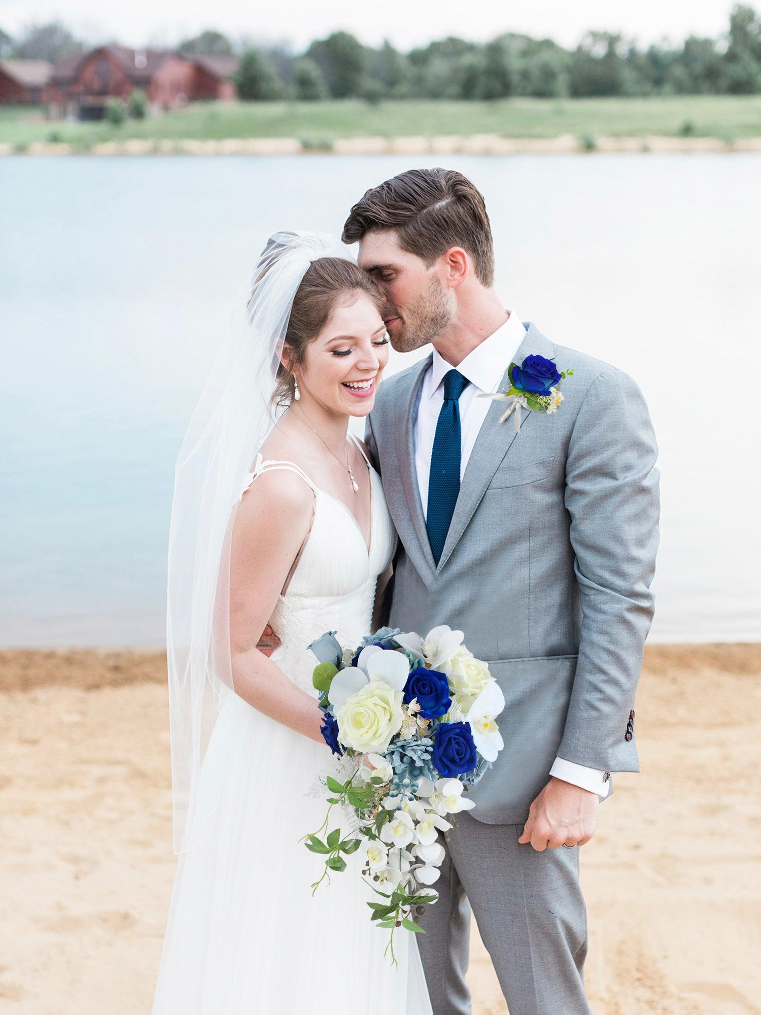 10 inch wide Sapphire Blue Cascading Bridal Bouquet - Rinlong Flower