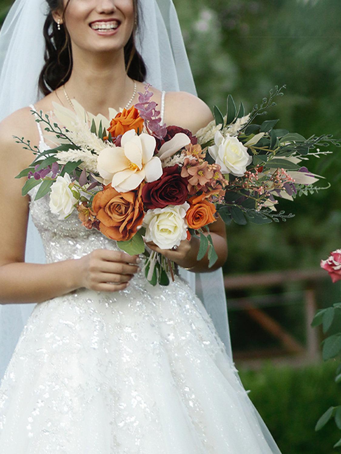 18.5 inch wide Boho Burnt Orange Bridal Bouquet - Rinlong Flower