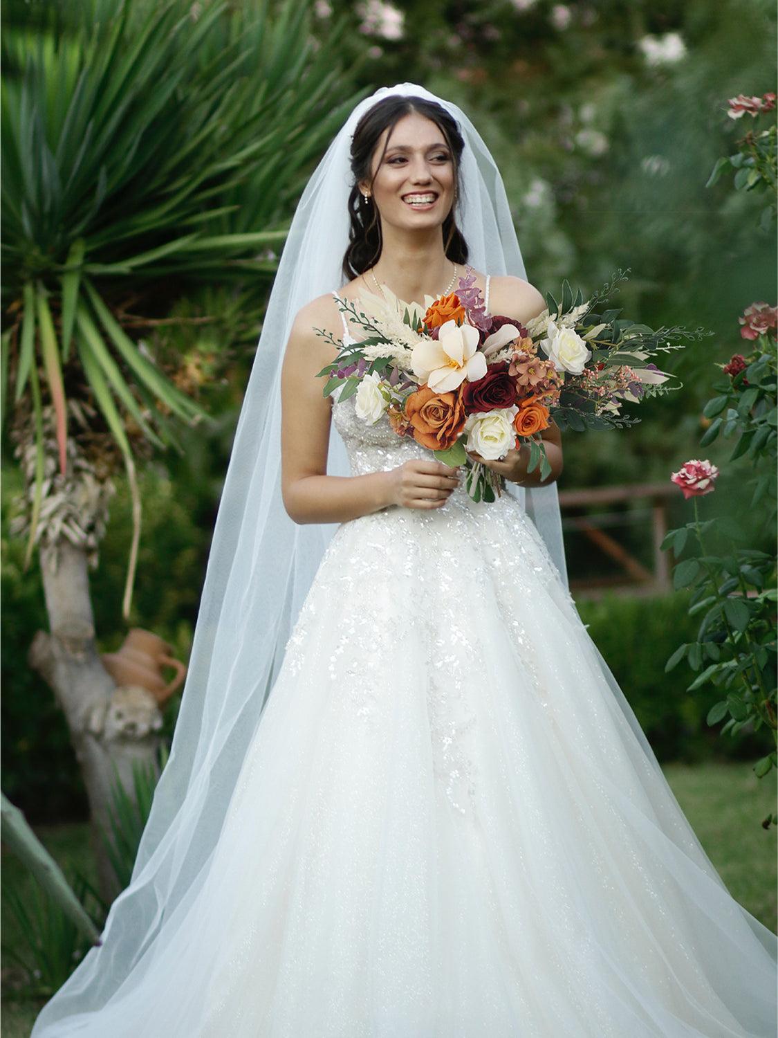 18.5 inch wide Boho Burnt Orange Bridal Bouquet - Rinlong Flower